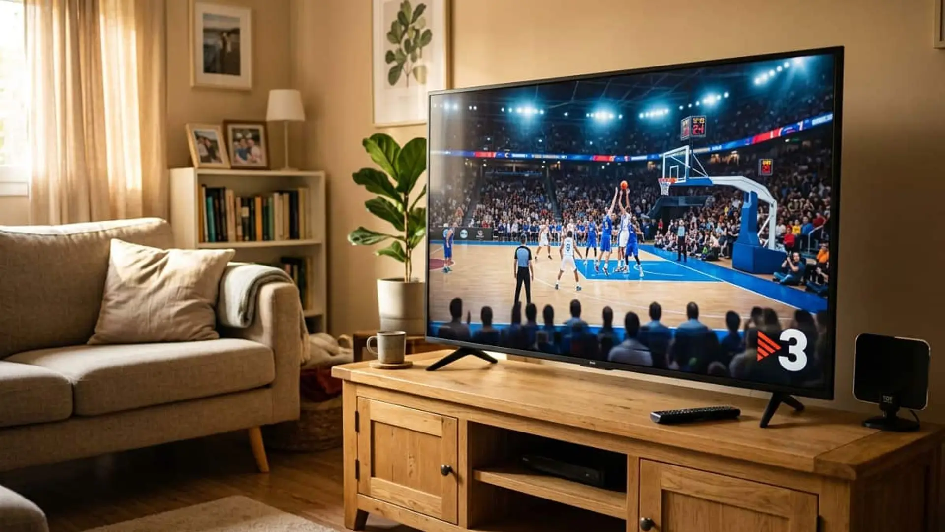 Así puedes ver la ACB gratis en la TDT: TV3 abre el 27 de septiembre con el Breogán-Joventut Televisión mostrando un partido de baloncesto en TV3 en el salón de una vivienda