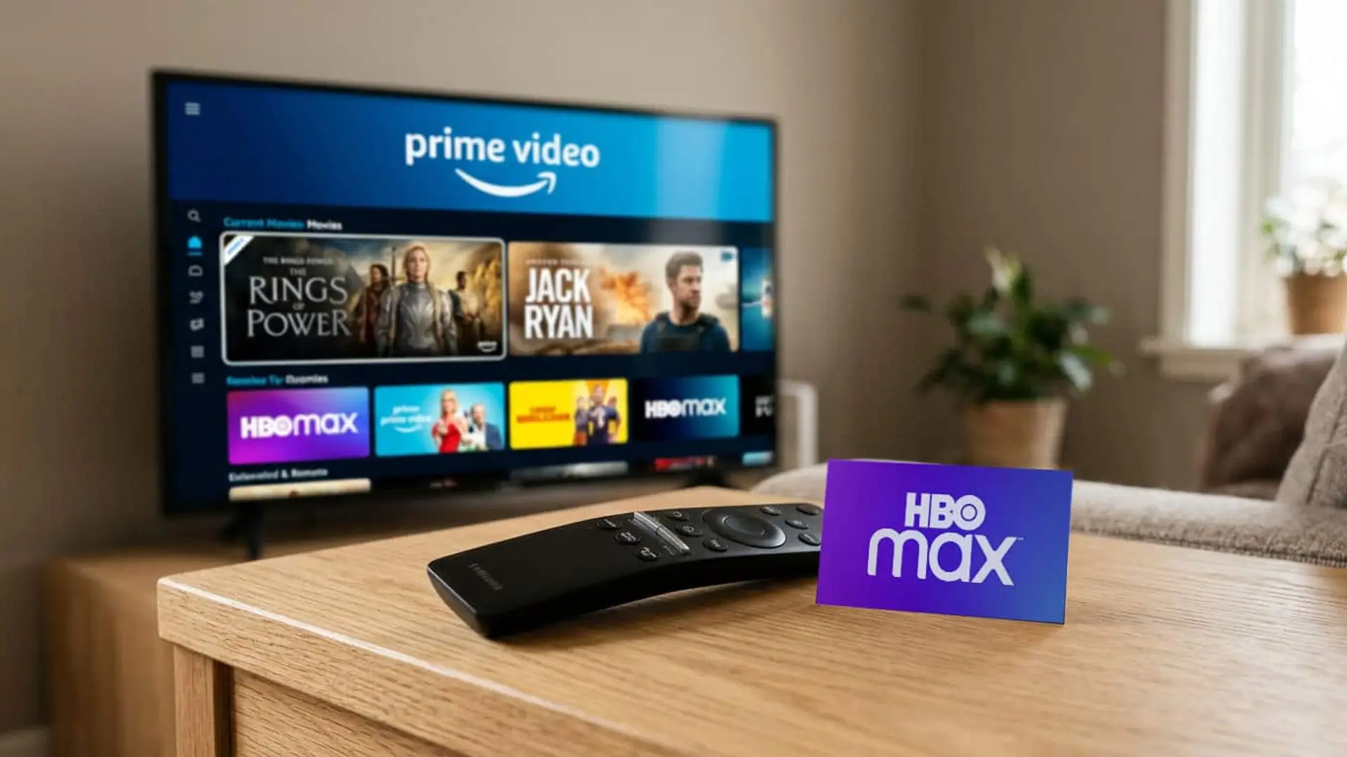 Televisión con Prime Video y HBO Max junto a un mando a distancia