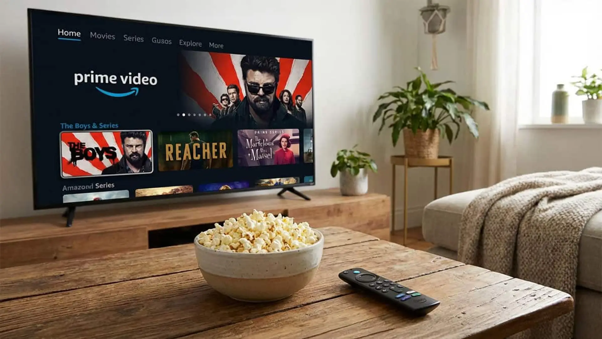 Sala de estar con un televisor mostrando Prime Video y un bol de palomitas sobre la mesa.