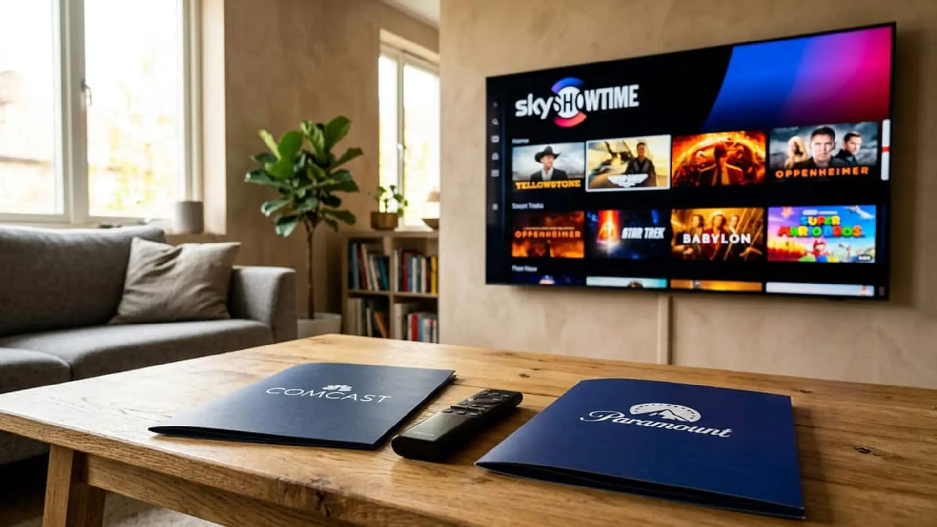 SkyShowtime podría cerrar en España: Comcast y Paramount evalúan liquidar la plataforma Televisor con SkyShowtime y carpetas de Comcast y Paramount sobre una mesa