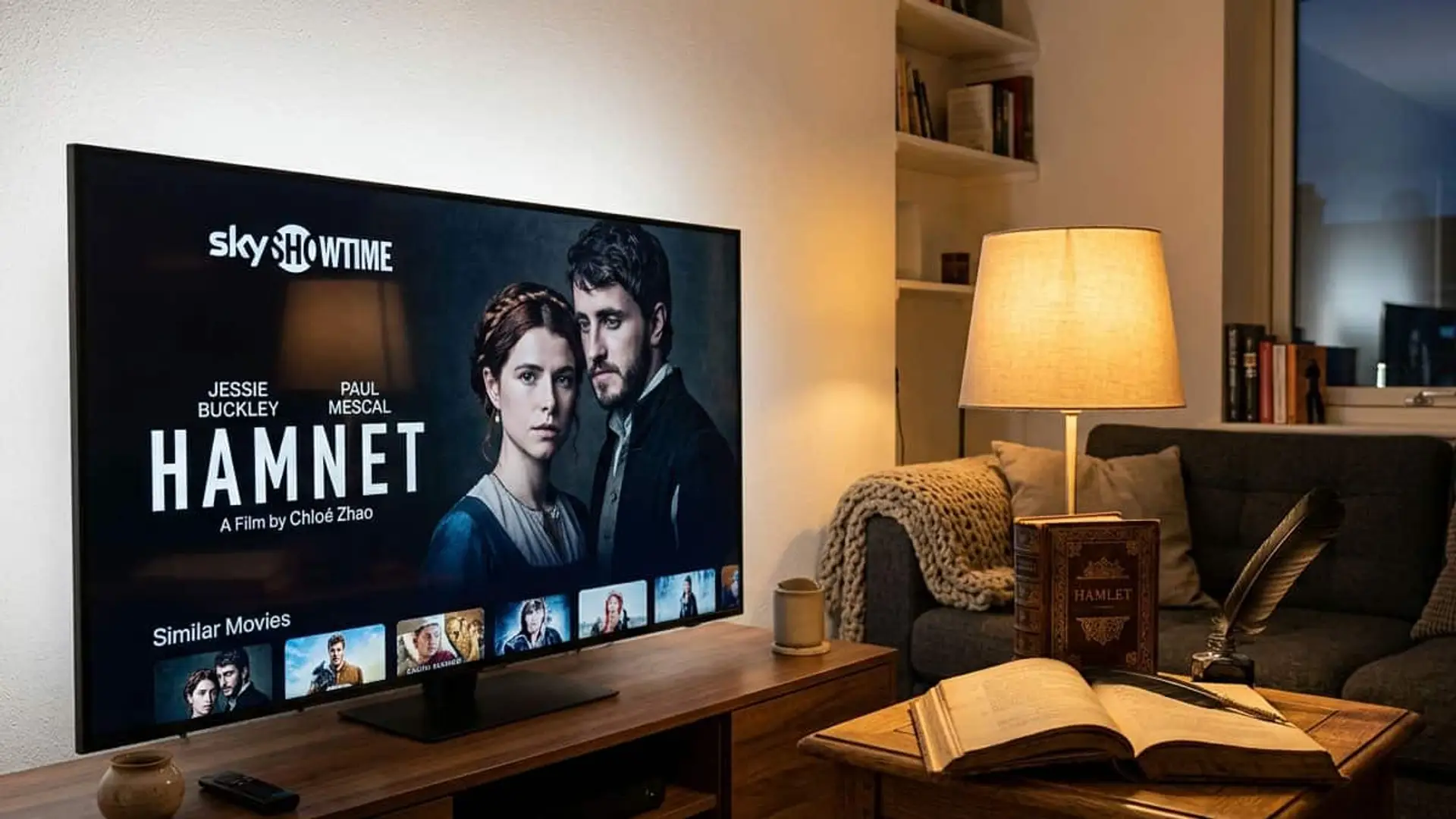 Televisión en un salón mostrando la película Hamnet en SkyShowtime junto a libros y una pluma