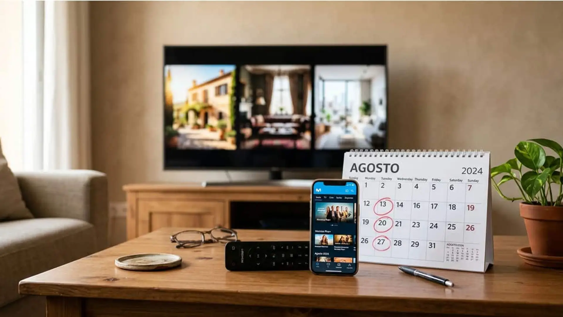 Calendario de agosto junto a la app de Movistar Plus+ para consultar los estrenos de series del mes