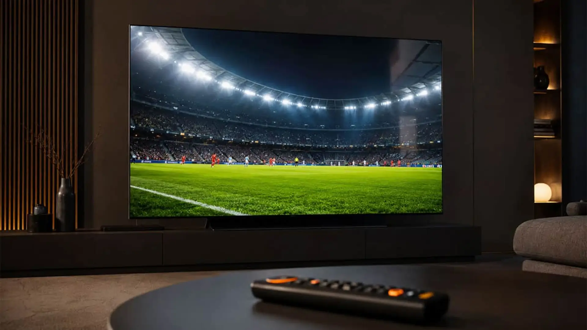 Televisor 4K en sala moderna mostrando un partido de fútbol en estadio ilum