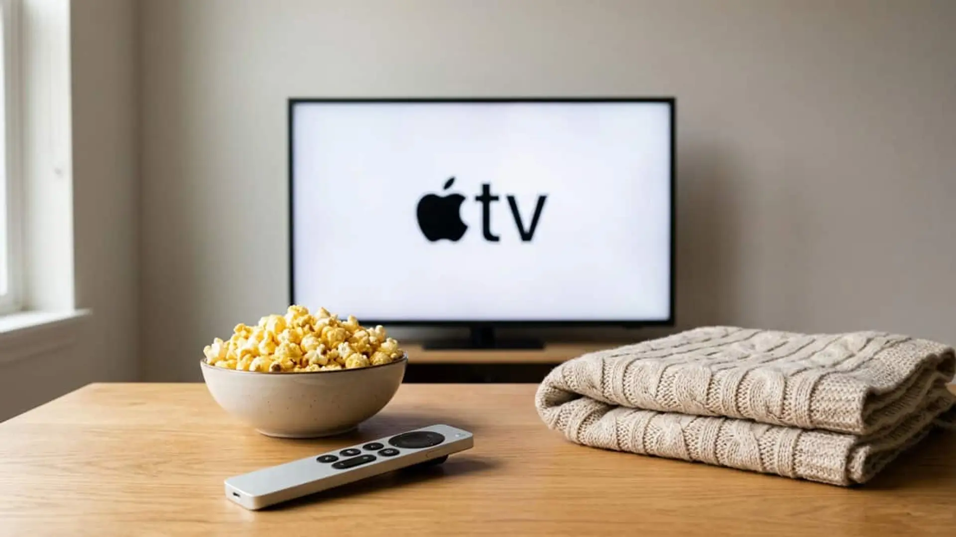 Televisor con el logotipo de Apple TV, junto a un cuenco de palomitas, un mando a distancia y una manta doblada sobre una mesa.