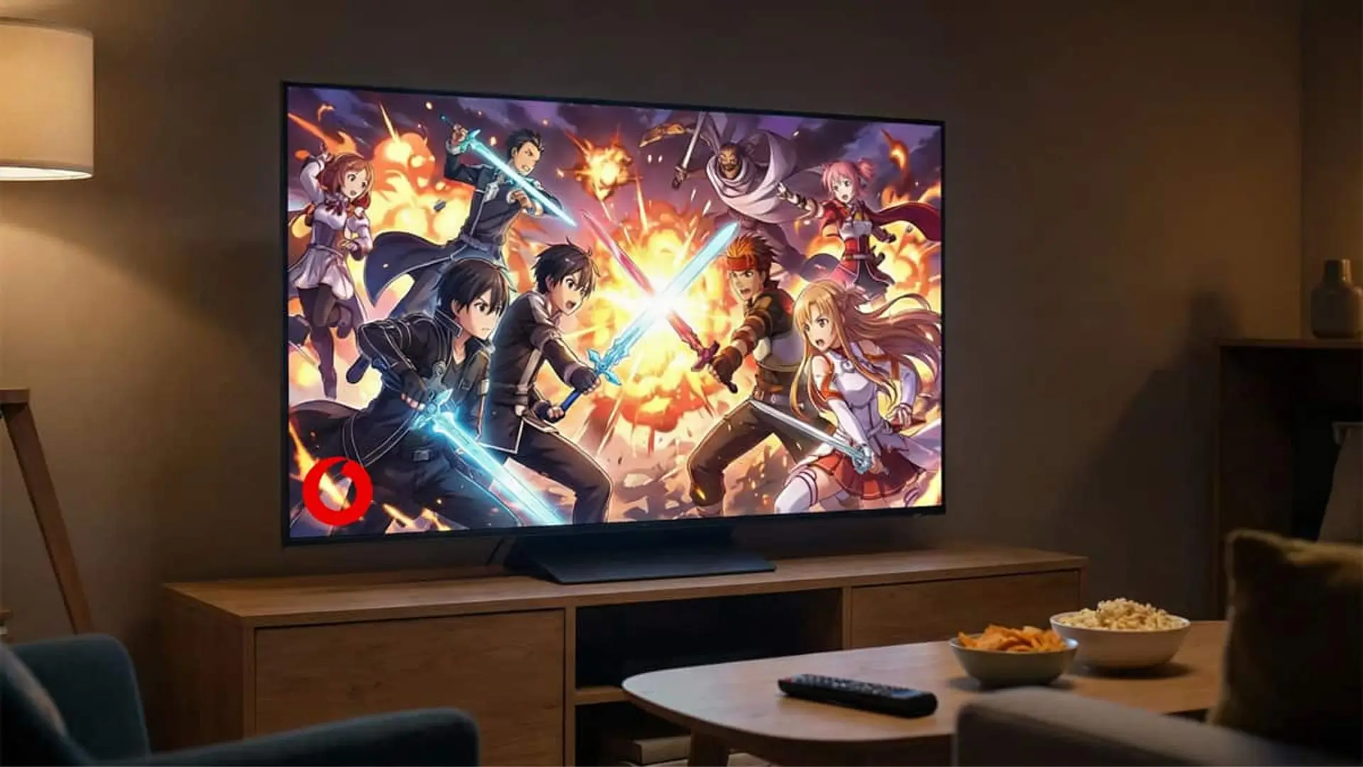Atención, fans del anime: Vodafone TV confirma la programación de su canal exclusivo de AMC para febrero Televisor en un salón mostrando una serie de anime de acción en una plataforma de streaming