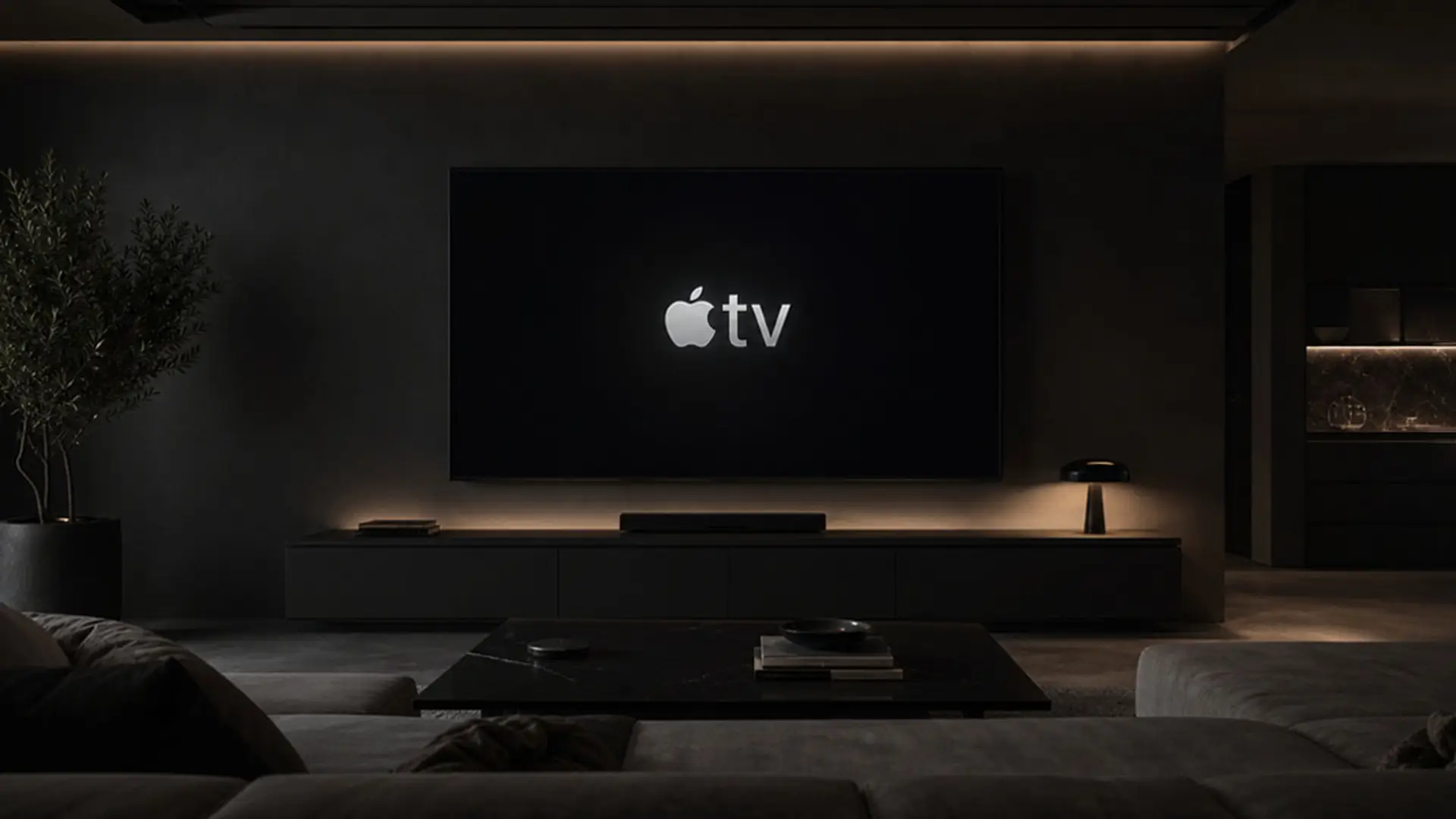 Apple TV apuesta sus estrenos de julio a la ciencia ficción, el thriller y la comedia: tres novedades muy distintas para el verano Televisor con el logotipo de Apple TV en pantalla en un salón oscuro y minimalista