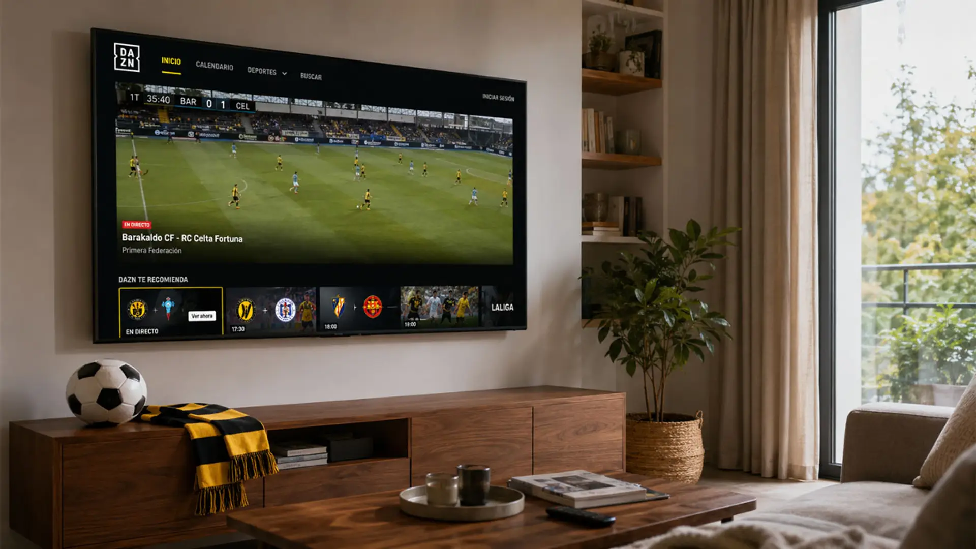 DAZN se hace con la Primera Federación 2026/27: diez partidos por jornada y todo el playoff de ascenso Televisor en un salón con la interfaz de DAZN mostrando un partido de Primera Federación, con un balón y una bufanda sobre el mueble