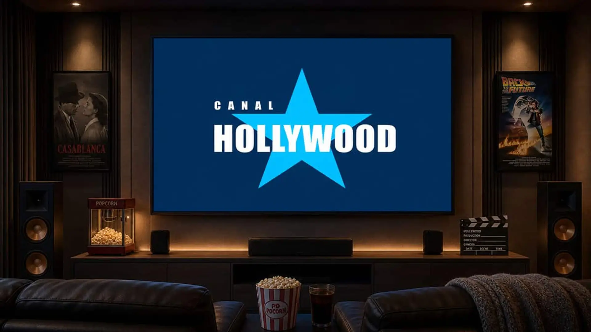 Televisor con el logotipo de Canal Hollywood en un salón con ambientación de cine
