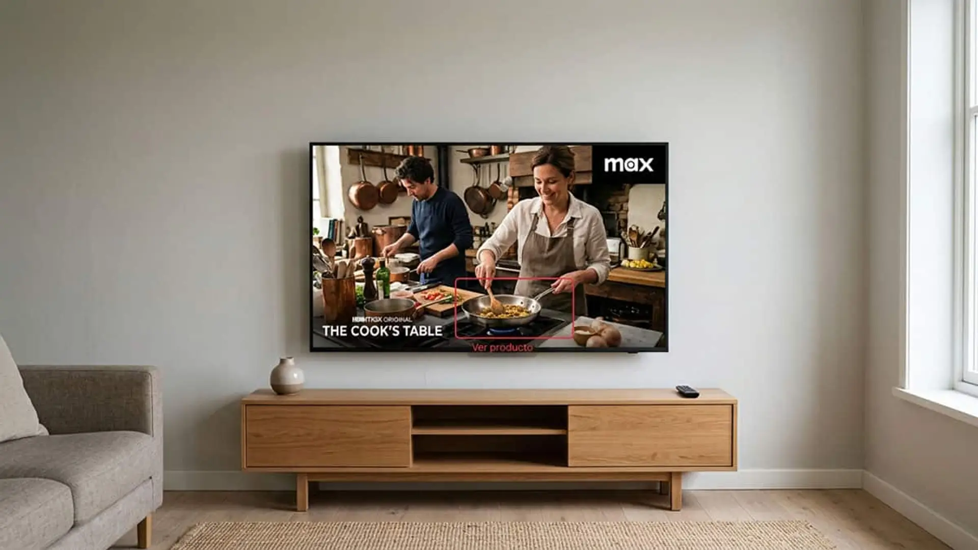 Televisor en un salón mostrando HBO Max y el programa The Cook's Table en pantalla