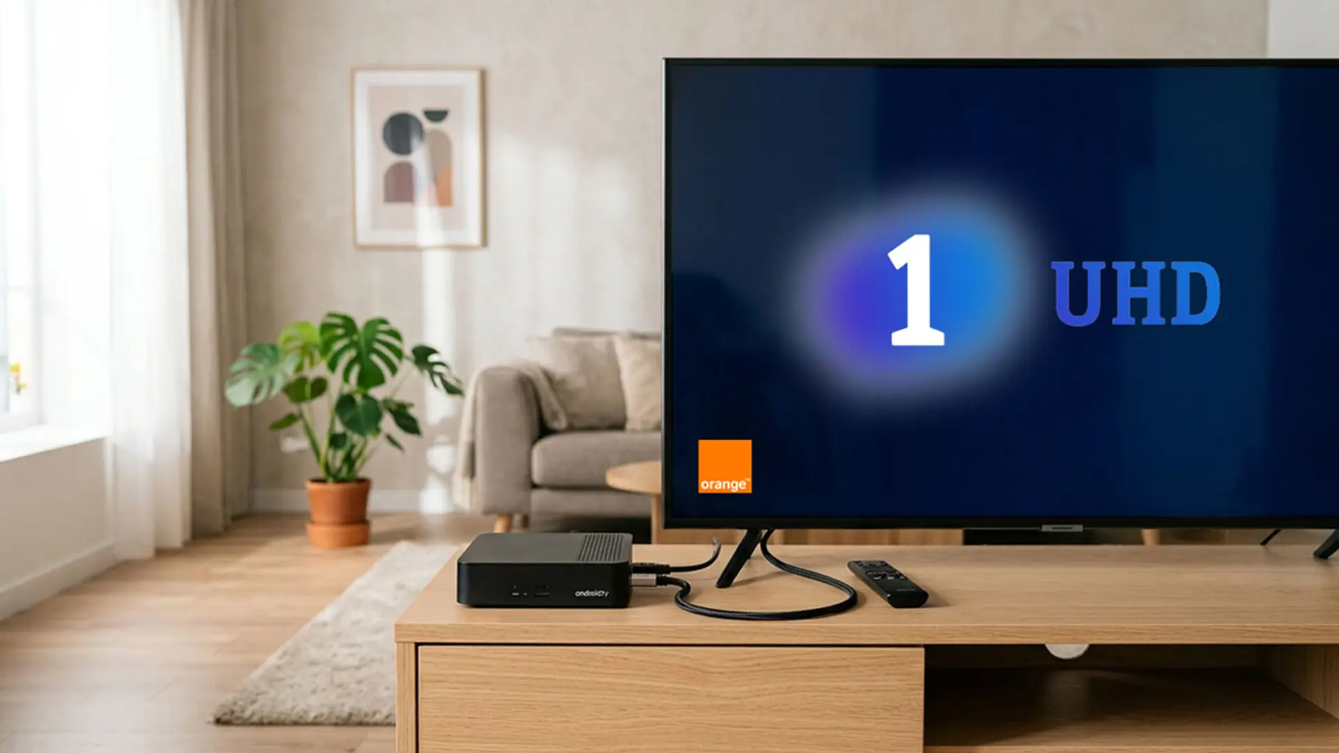 Orange TV activa La 1 UHD para ver el Mundial 2026 en 4K Televisor con La 1 UHD en pantalla y un decodificador de Orange TV sobre un mueble