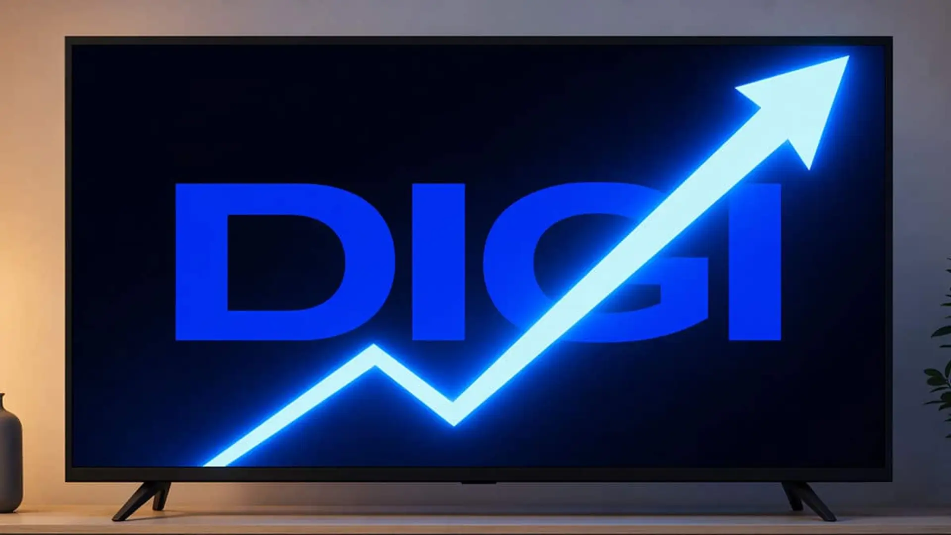 Televisor mostrando el logotipo de Digi con una flecha ascendente de color azul sobre la pantalla