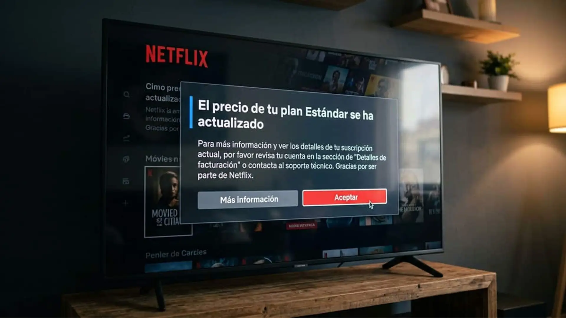 Televisor con la pantalla de Netflix mostrando un mensaje de actualización del precio del plan