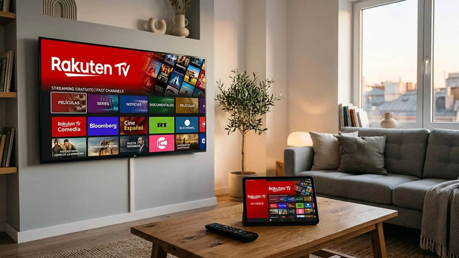Televisor con Rakuten TV y una tablet con la misma plataforma en un salón