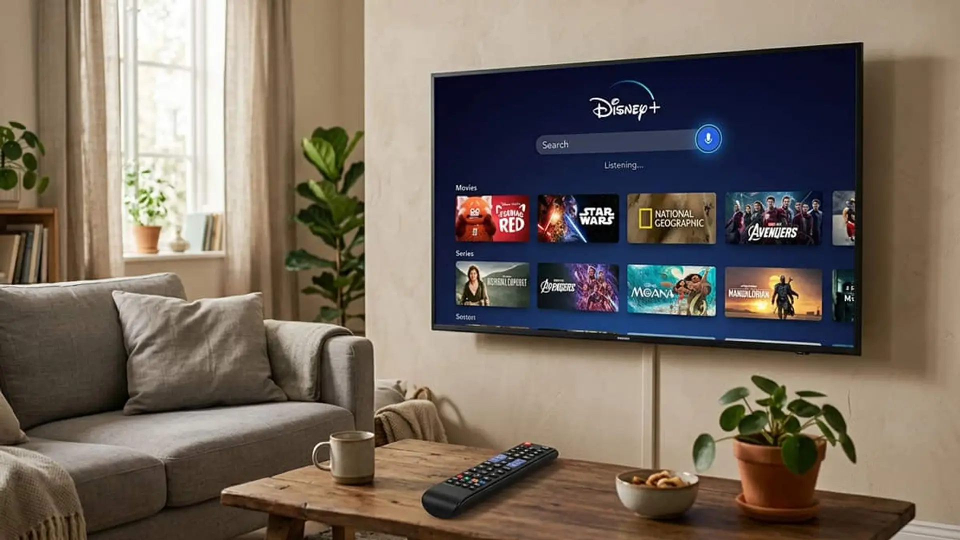 Disney+ prueba una IA a la que puedes decirle “no sé qué ver” y te recomienda según tu estado de ánimo Televisor con Disney+ y el buscador por voz abierto en un salón