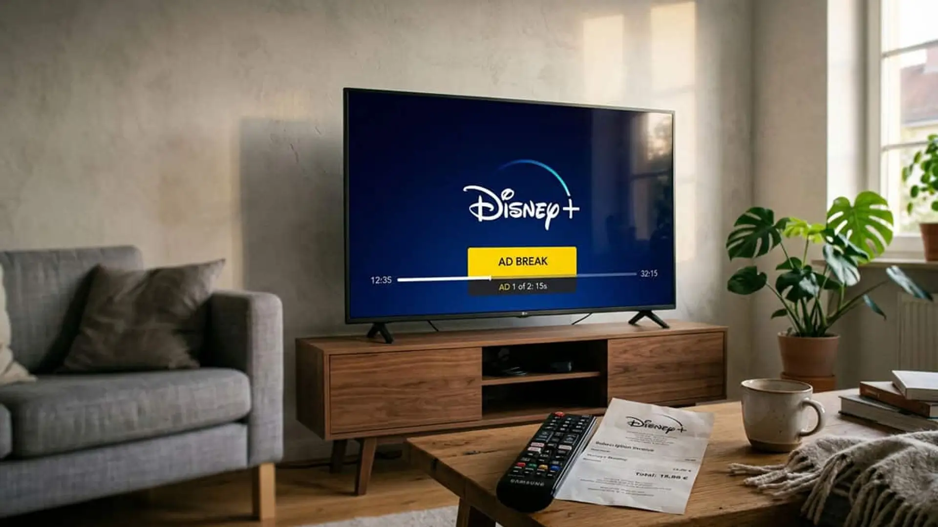 Disney+ confirma anuncios hasta en el plan Prémium: solo el Modo Júnior se libra Televisor con Disney+ mostrando una pausa publicitaria junto a un mando y una factura sobre la mesa