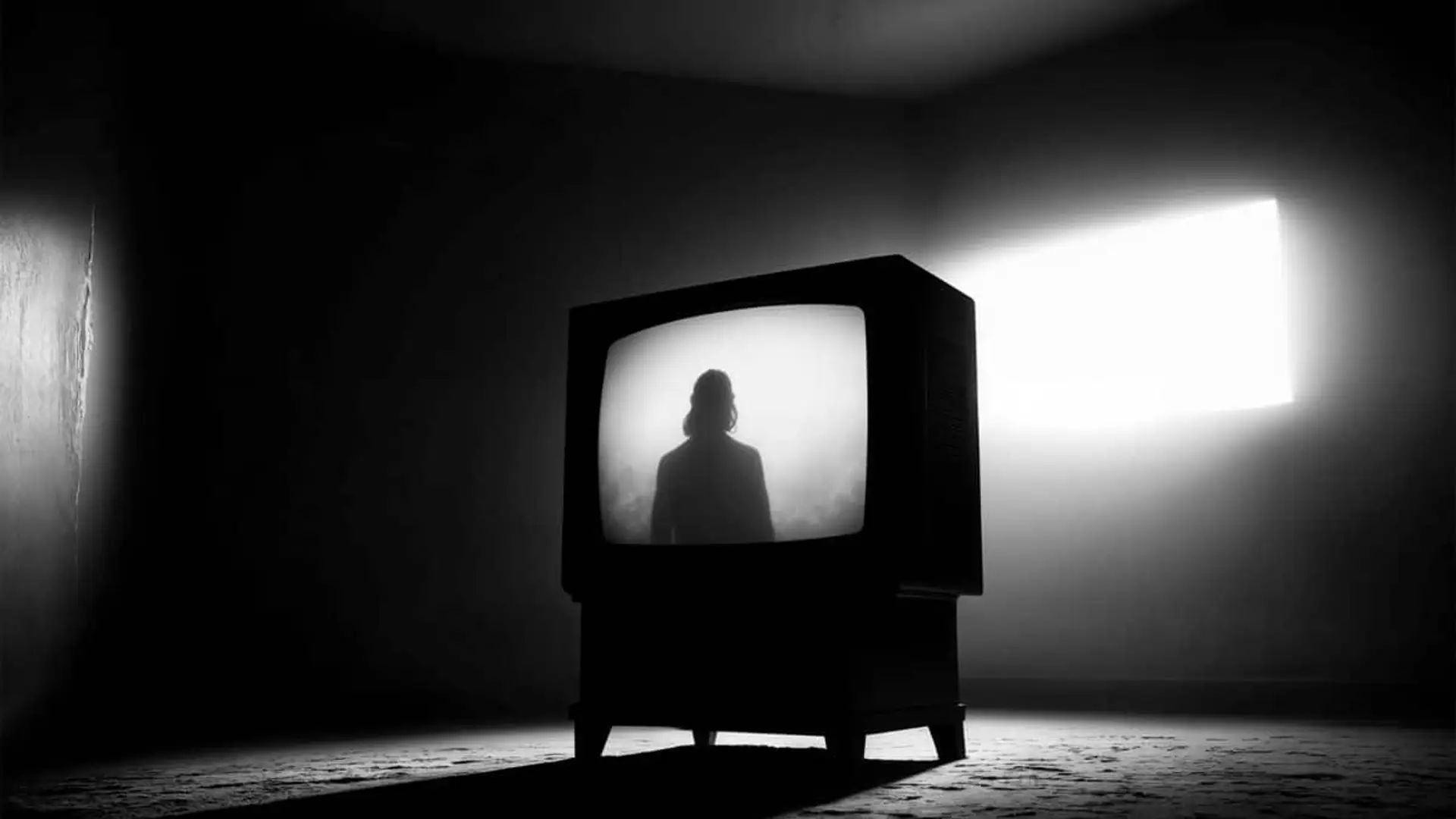Televisor antiguo encendido en una habitación oscura, mostrando la silueta de una persona en la pantalla, con una atmósfera inquietante.