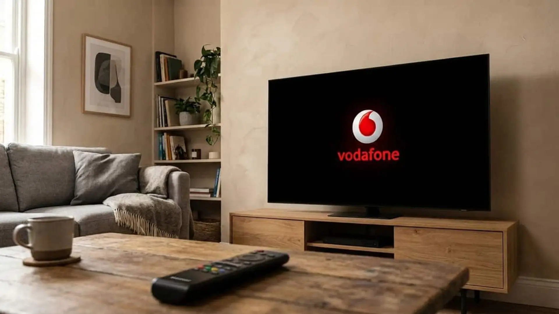 Vodafone retira los 6 meses gratis del Pack Deportes ligado a DAZN Televisor en un salón con el logotipo de Vodafone en pantalla, una mesa de centro con un mando a distancia y una taza en primer plano