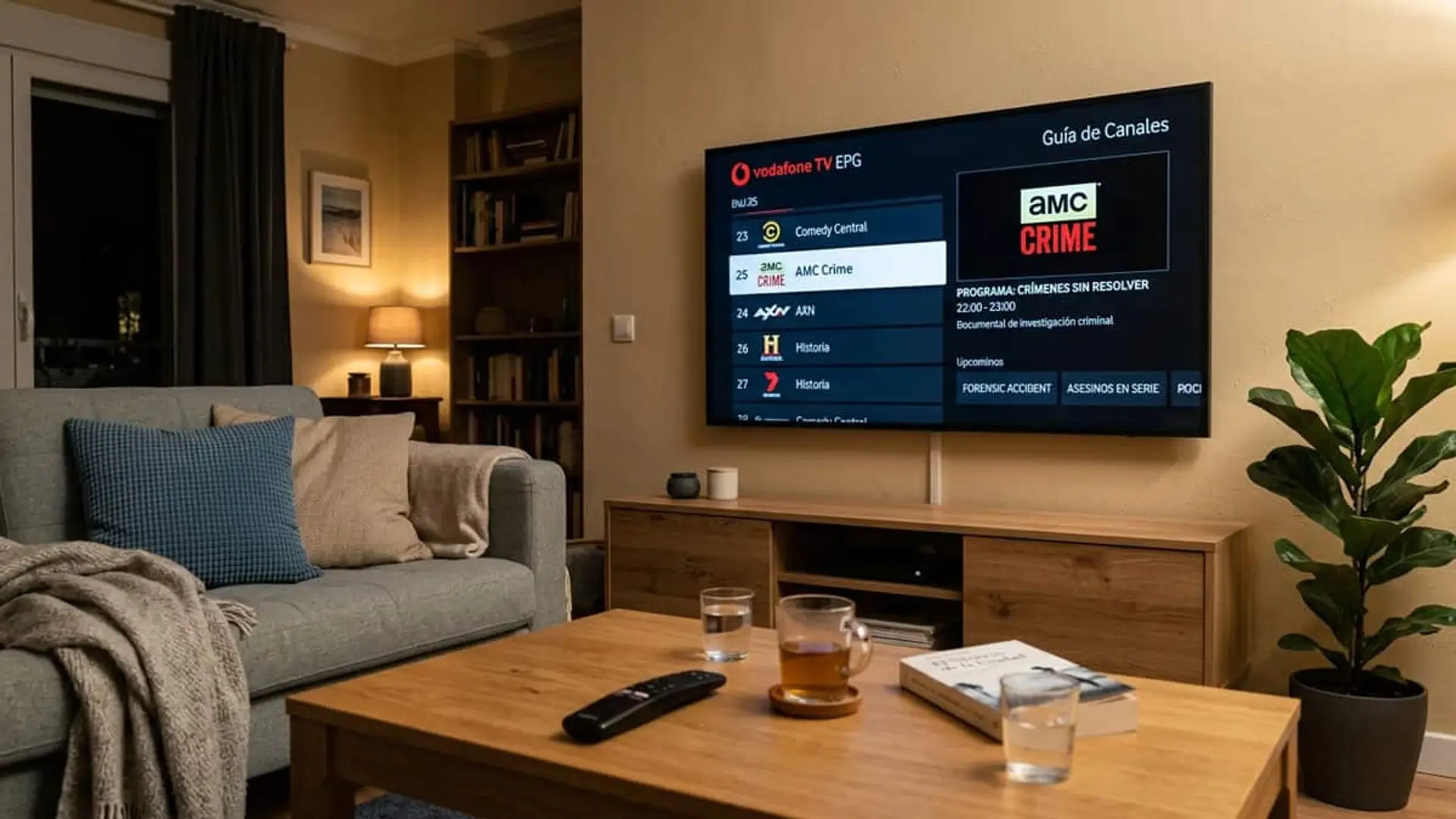 Vodafone TV lanza en exclusiva un canal de true crime español con más de 20 títulos Televisor en un salón mostrando la guía de canales de Vodafone TV con AMC Crime seleccionado