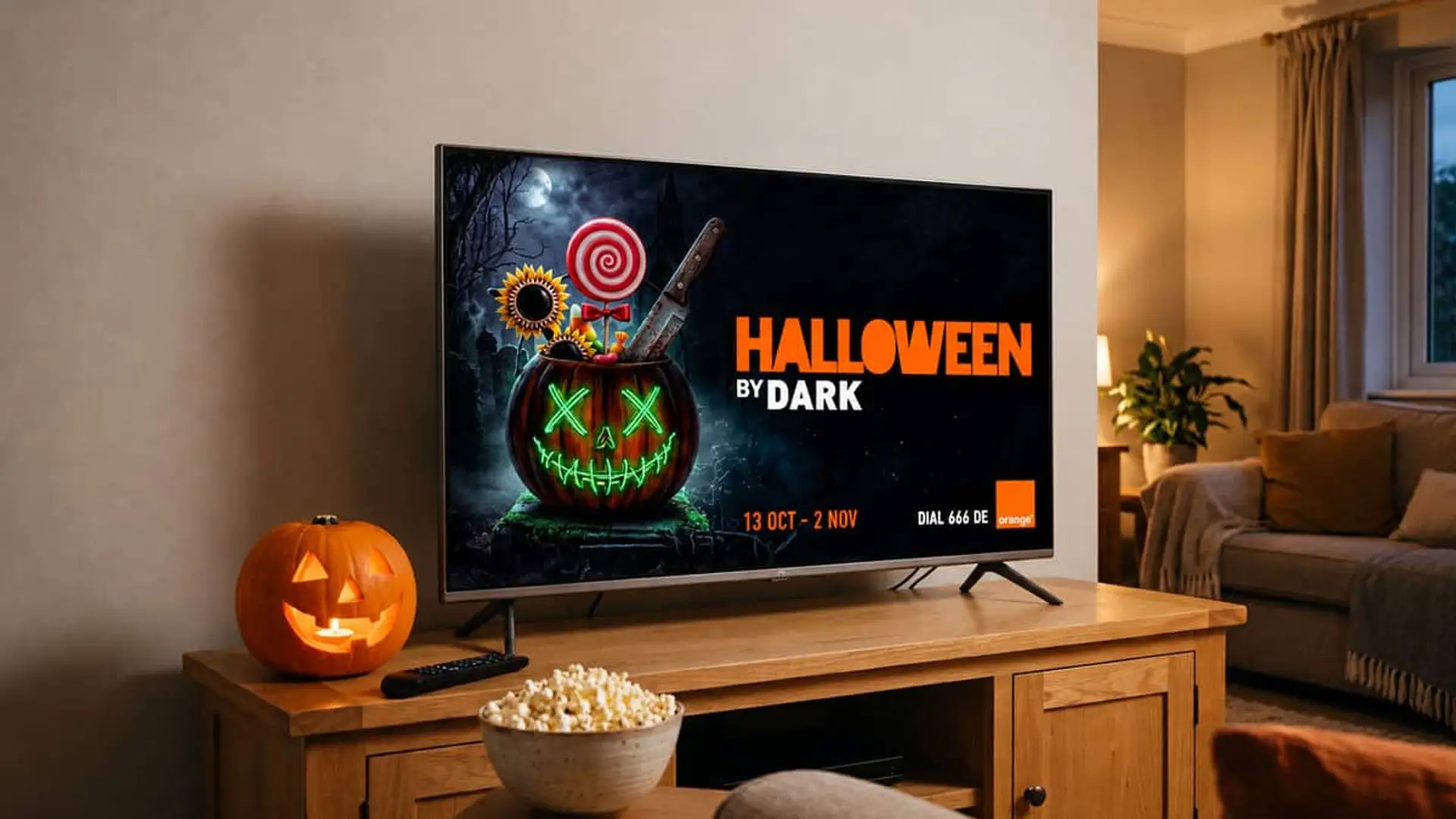 Televisor con Halloween by Dark de Orange junto a una calabaza iluminada, un mando y un bol de palomitas