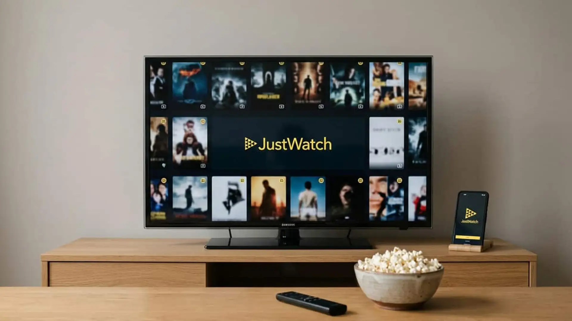 Televisor con el logotipo de JustWatch rodeado de carteles de películas y series, junto a un móvil con la misma aplicación, un mando a distancia y un cuenco de palomitas.