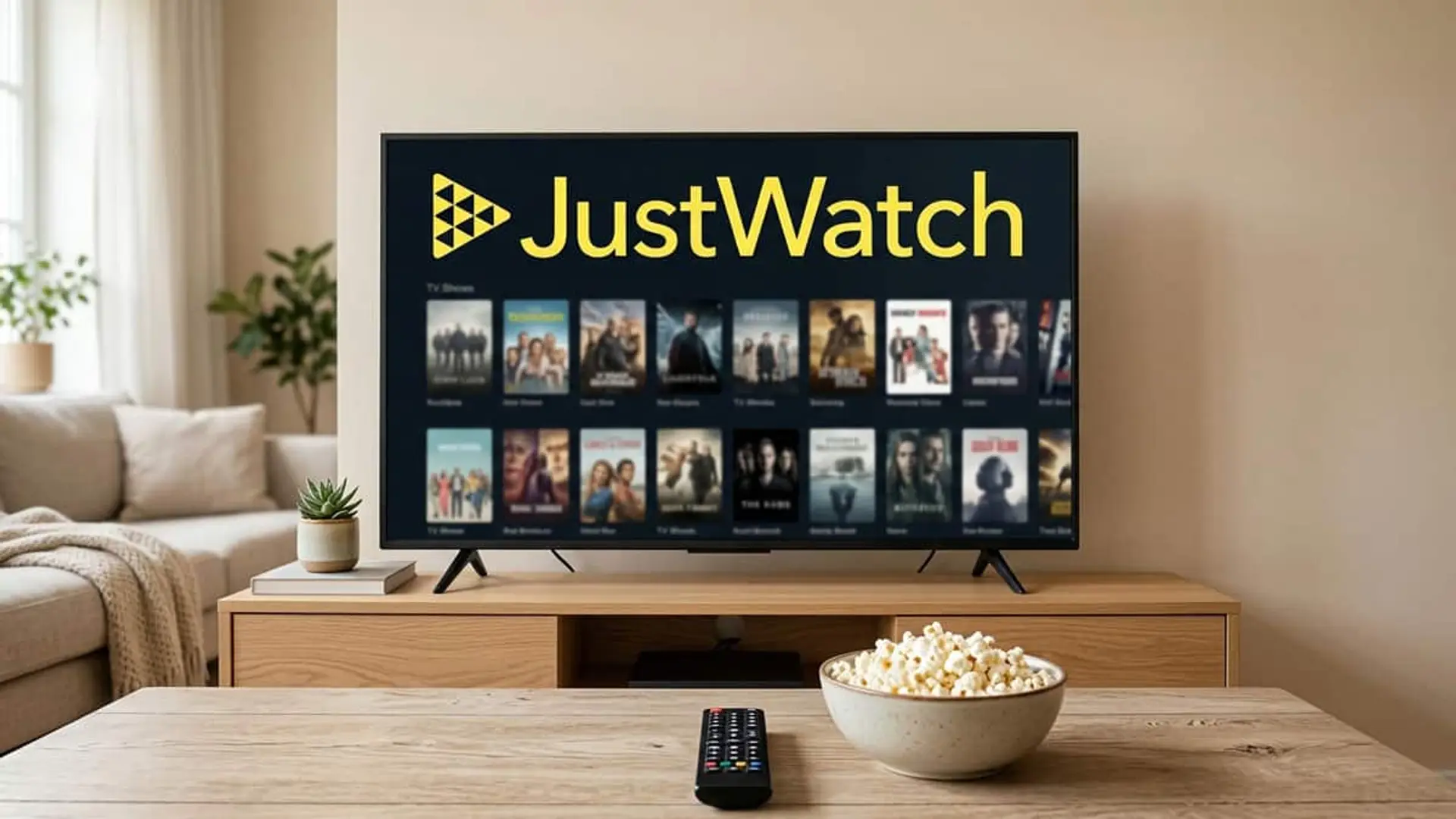 Televisor con JustWatch y varias series en pantalla, junto a un bol de palomitas y un mando a distancia