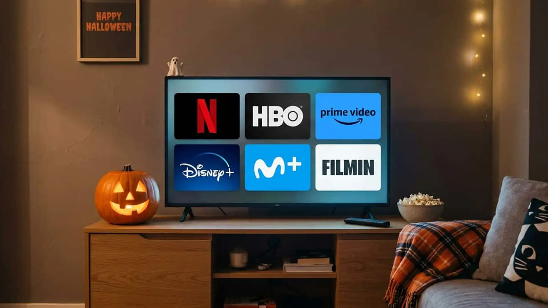 Televisor con los logos de seis plataformas de streaming, una calabaza iluminada de Halloween y un cuenco de palomitas.