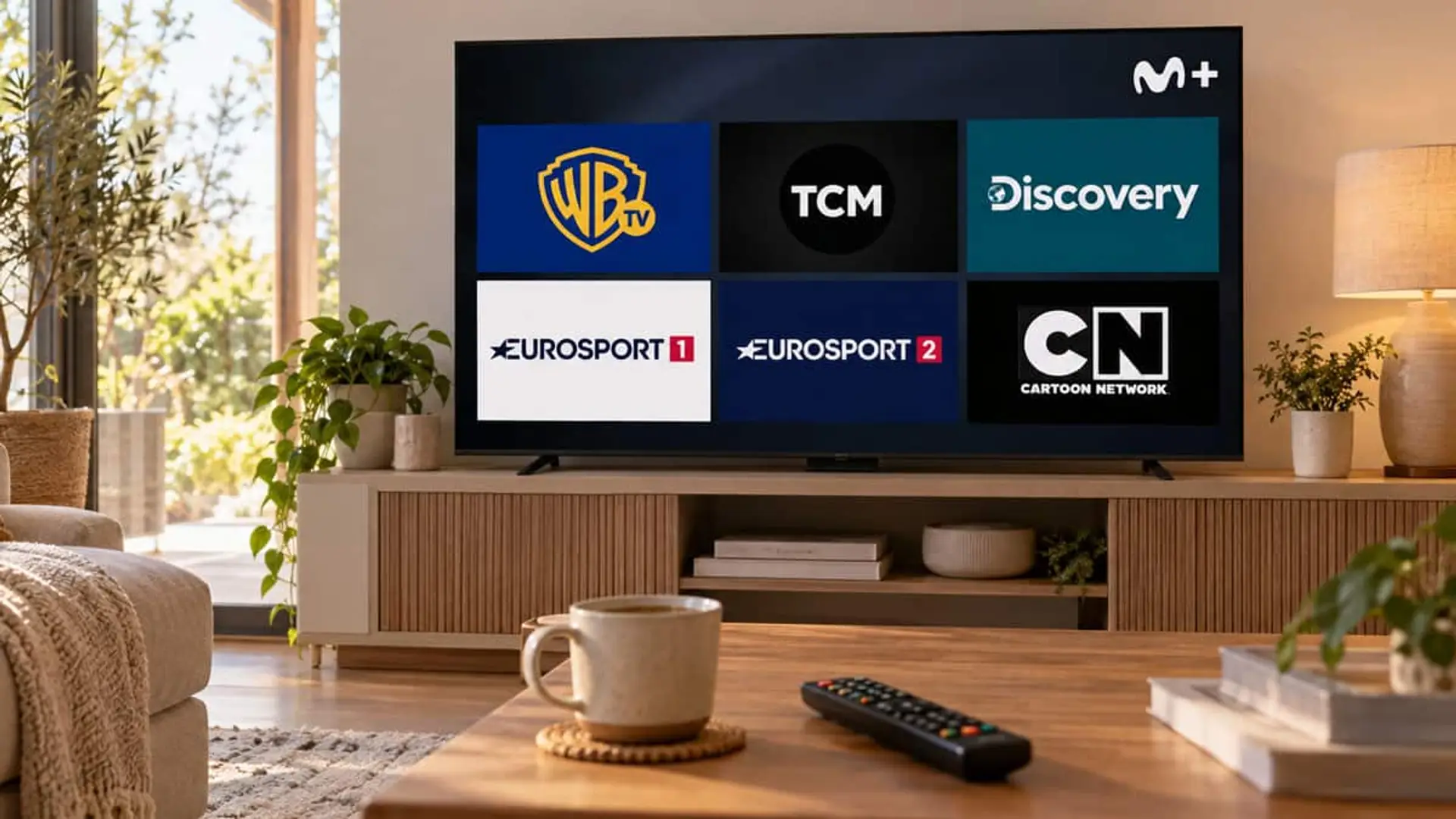 Televisor con Movistar Plus+ y los logotipos de Warner TV, TCM, Discovery, Eurosport 1, Eurosport 2 y Cartoon Network.