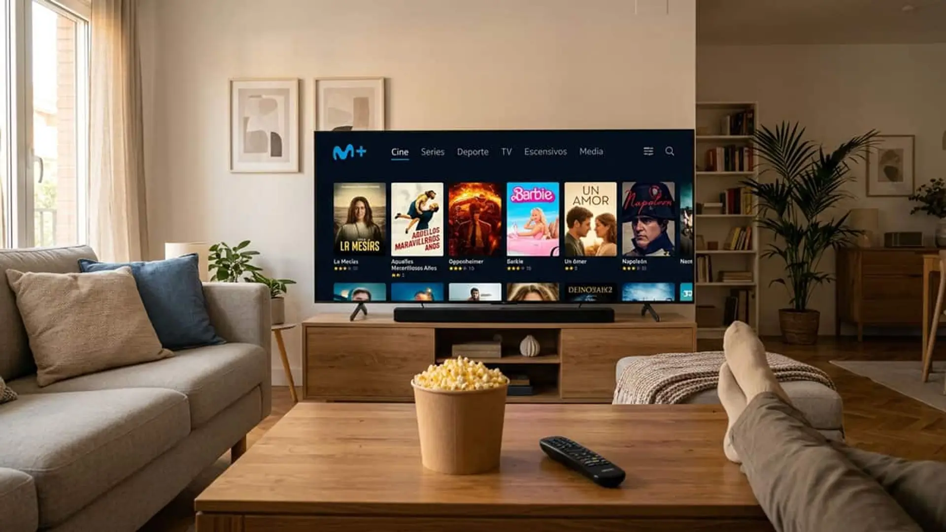 Televisor con el catálogo de cine de Movistar Plus en un salón con palomitas y mando a distancia