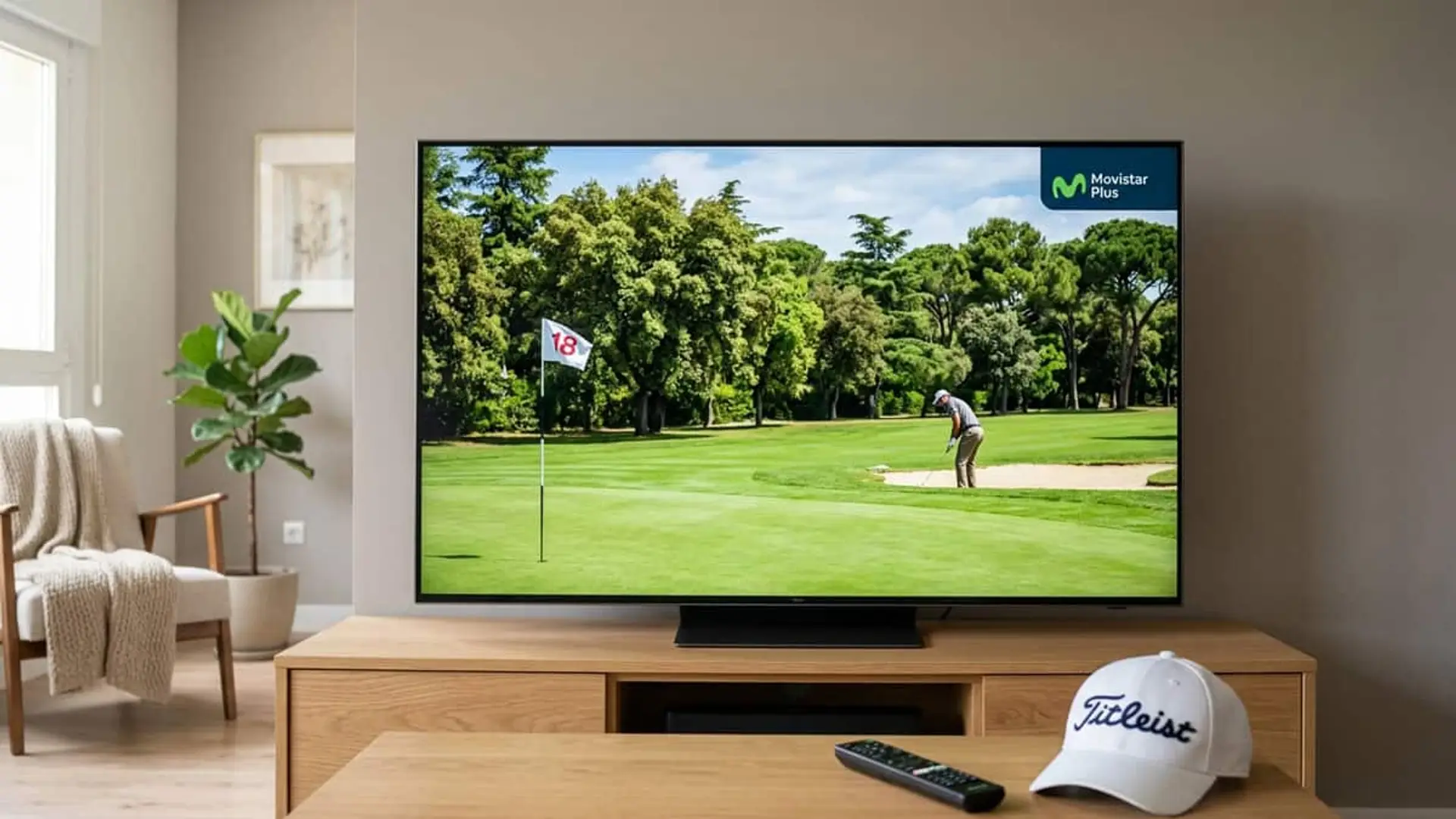 Dónde ver el Open de España 2026 de golf en directo en TV: horarios de cada jornada Televisor mostrando una retransmisión de golf en Movistar Plus+ junto a una gorra blanca de Titleist y un mando a distancia