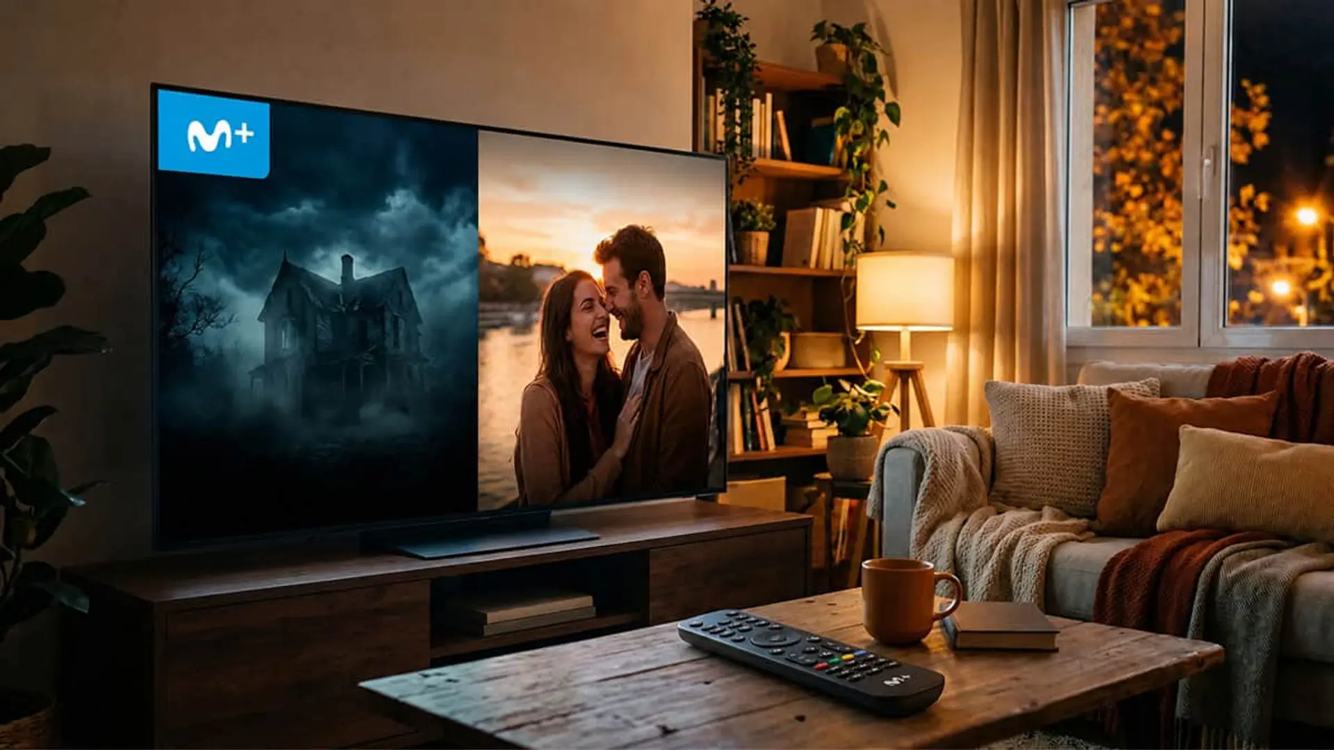 Movistar Plus rompe su calendario habitual de canales: Terror y Romance, en septiembre Televisor con Movistar Plus en un salón, mostrando una casa oscura y una pareja, con mando sobre la mesa