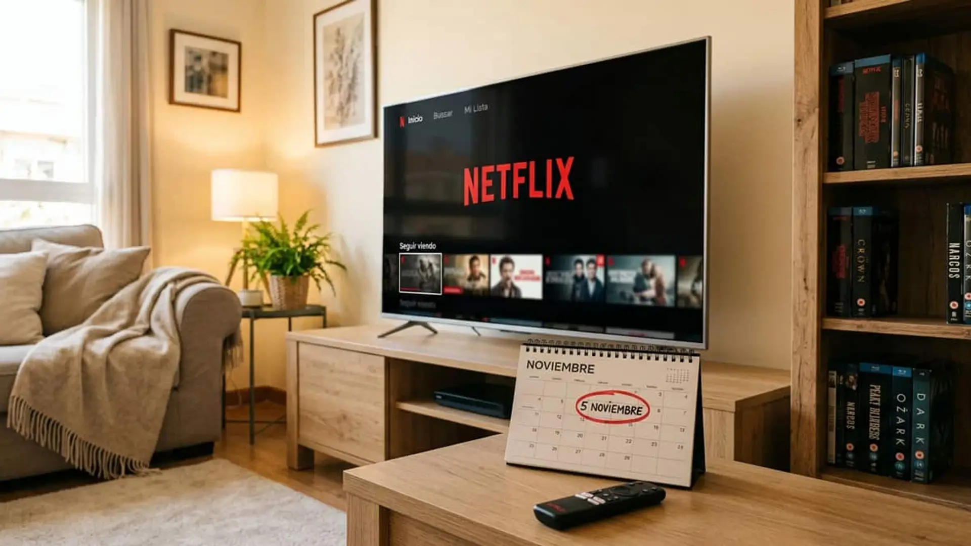 The End of the F*ing World deja Netflix en noviembre sin alternativa confirmada Televisor con la pantalla de inicio de Netflix en un salón, junto a un calendario de noviembre con el día 5 marcado en rojo y un mando a distancia sobre una mesa de madera.