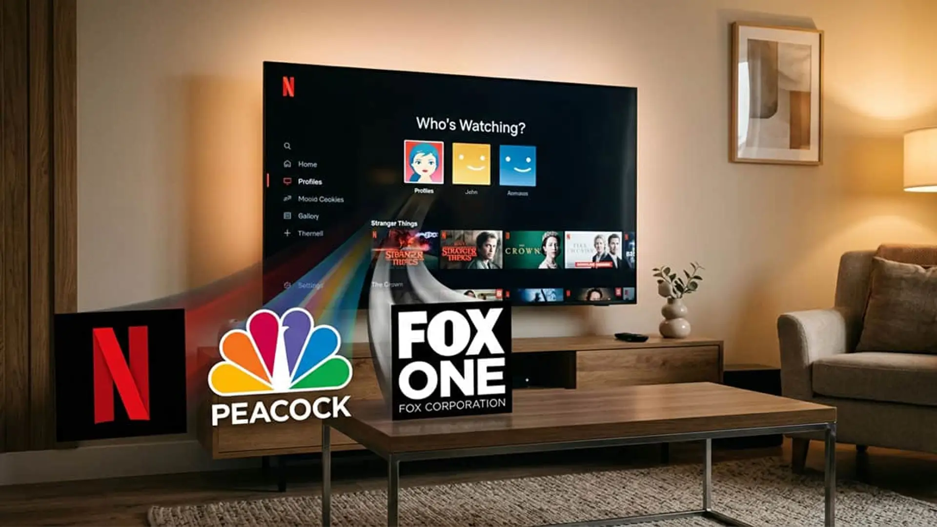 Netflix da un giro a su estrategia para parecerse a Prime Video y ser agregador de streaming Televisor con Netflix y logos de Peacock y Fox One en un salón