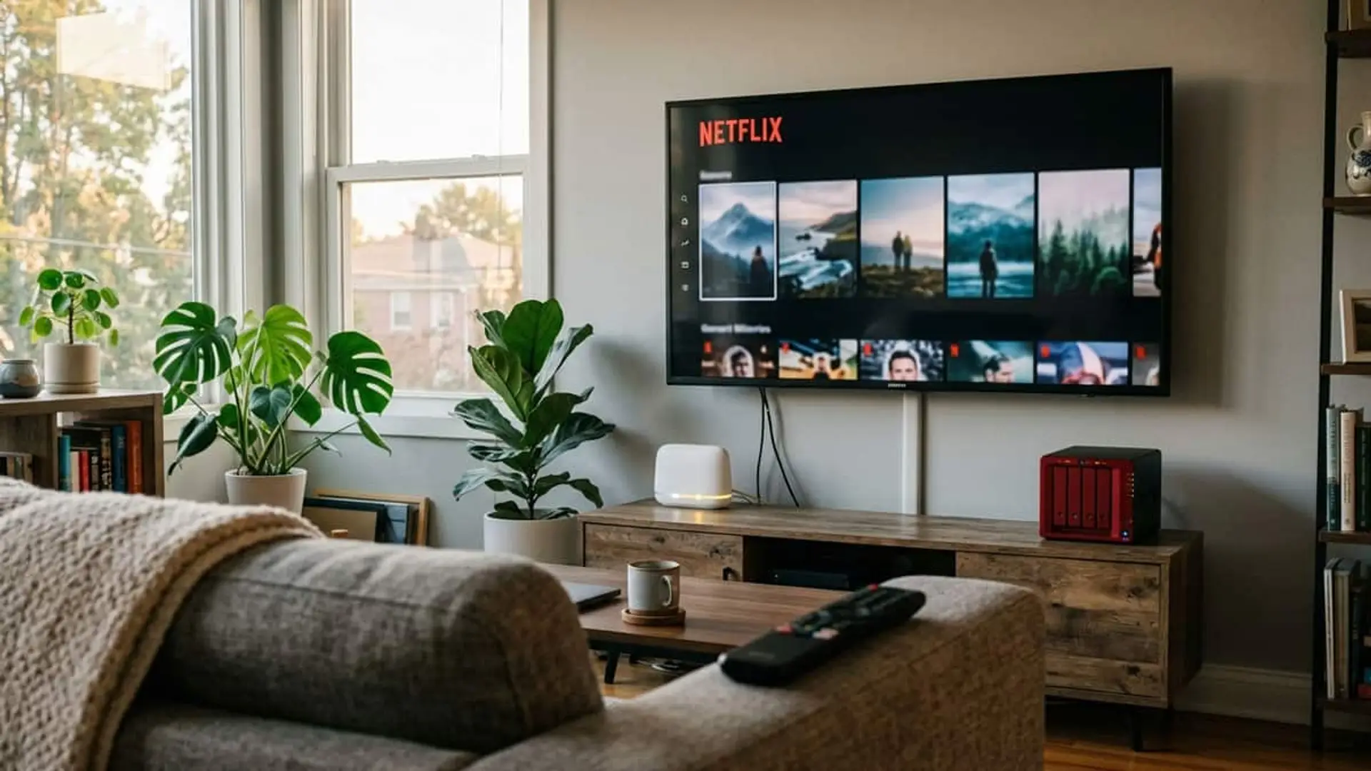 Netflix elige el avance que ves con MediaFM, un modelo entrenado en 80 millones de planos Televisor con Netflix abierto en un salón, junto a equipos de red y un mando a distancia