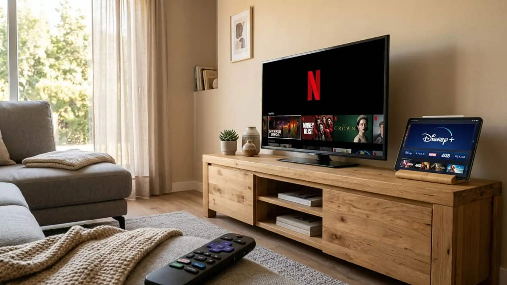 Disney licencia Ice Age y Percy Jackson a Netflix: disponibles en España durante tres meses Televisor con el catálogo de Netflix en pantalla y una tablet con Disney+ sobre un mueble de madera en un salón luminoso, con un mando a distancia en primer plano.