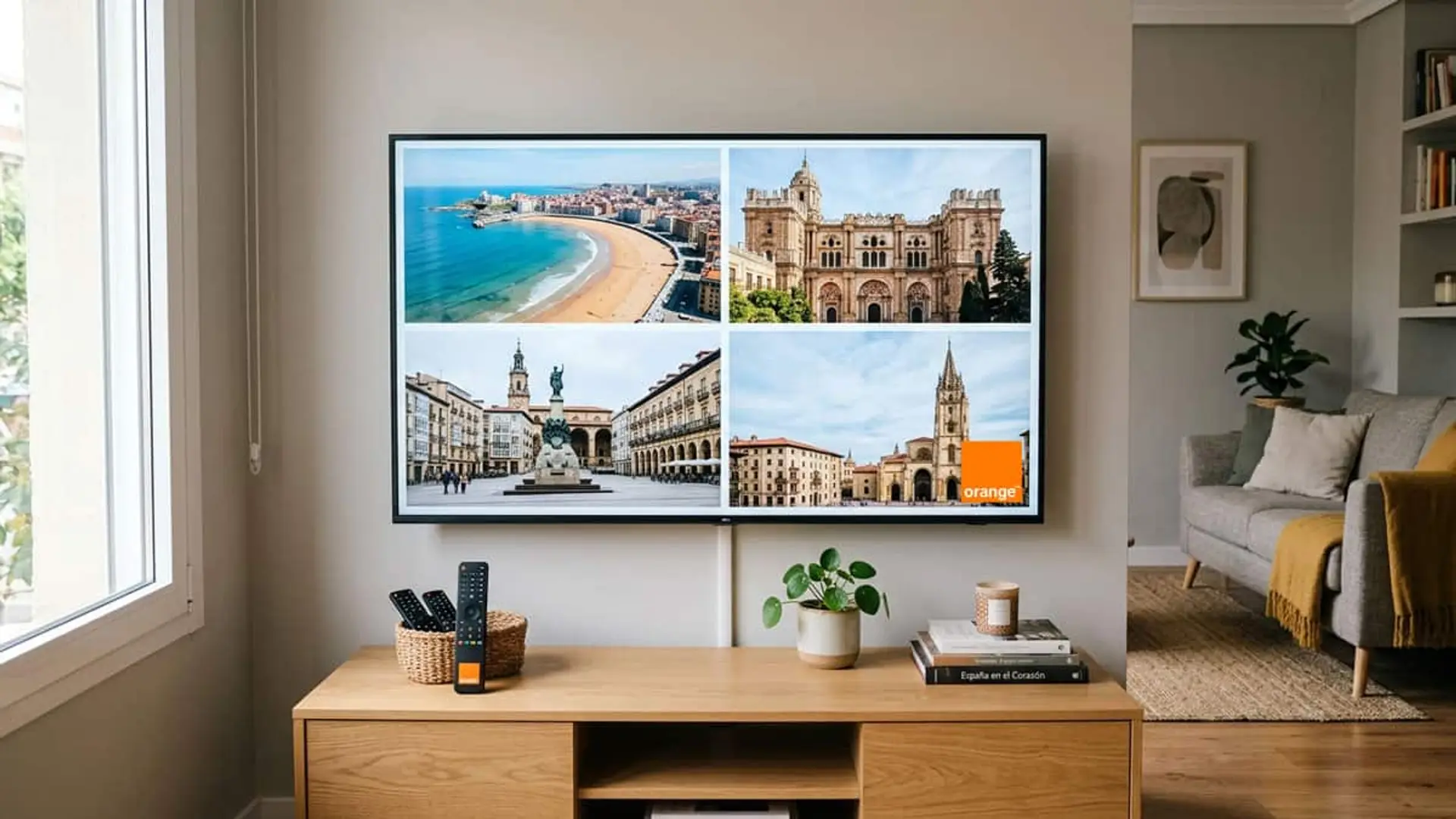 Orange TV suma Vinx, Canal Málaga, TeleVitoria y A8 en los diales 602 a 605 Televisor con imágenes de ciudades españolas y el logotipo de Orange junto a varios mandos a distancia