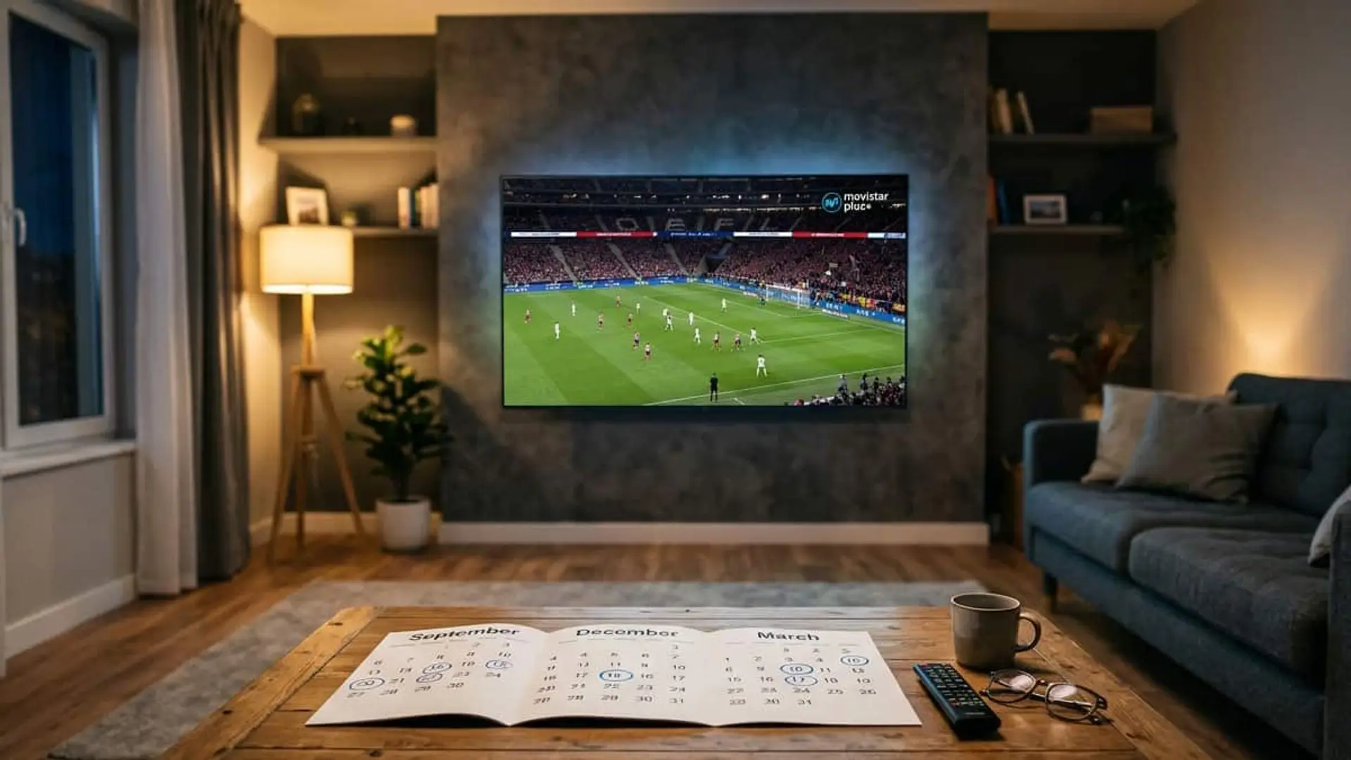 Televisor mostrando un partido de fútbol en Movistar Plus junto a un calendario abierto sobre la mesa del salón