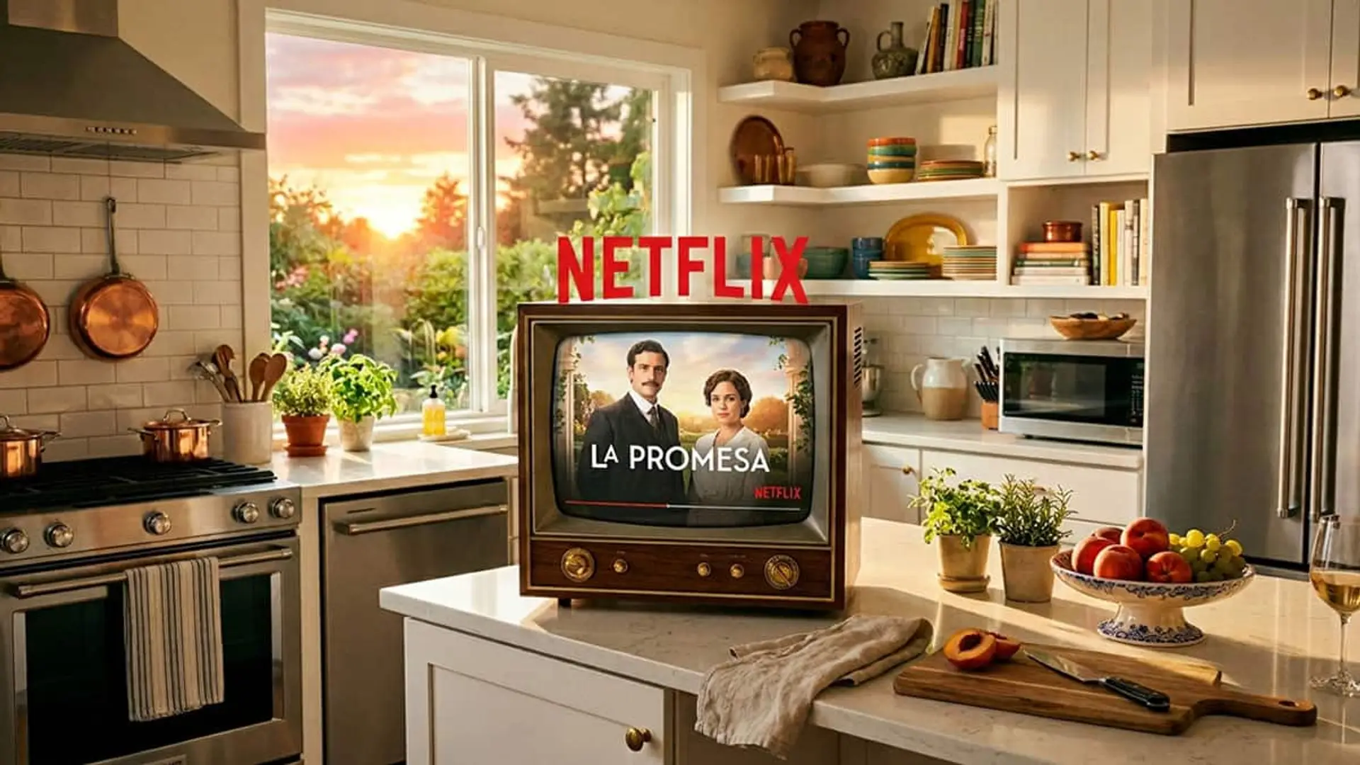 Netflix abraza la televisión que prometió destruir: cinco canales llegan en junio Televisor retro sobre una isla de cocina mostrando La Promesa en Netflix
