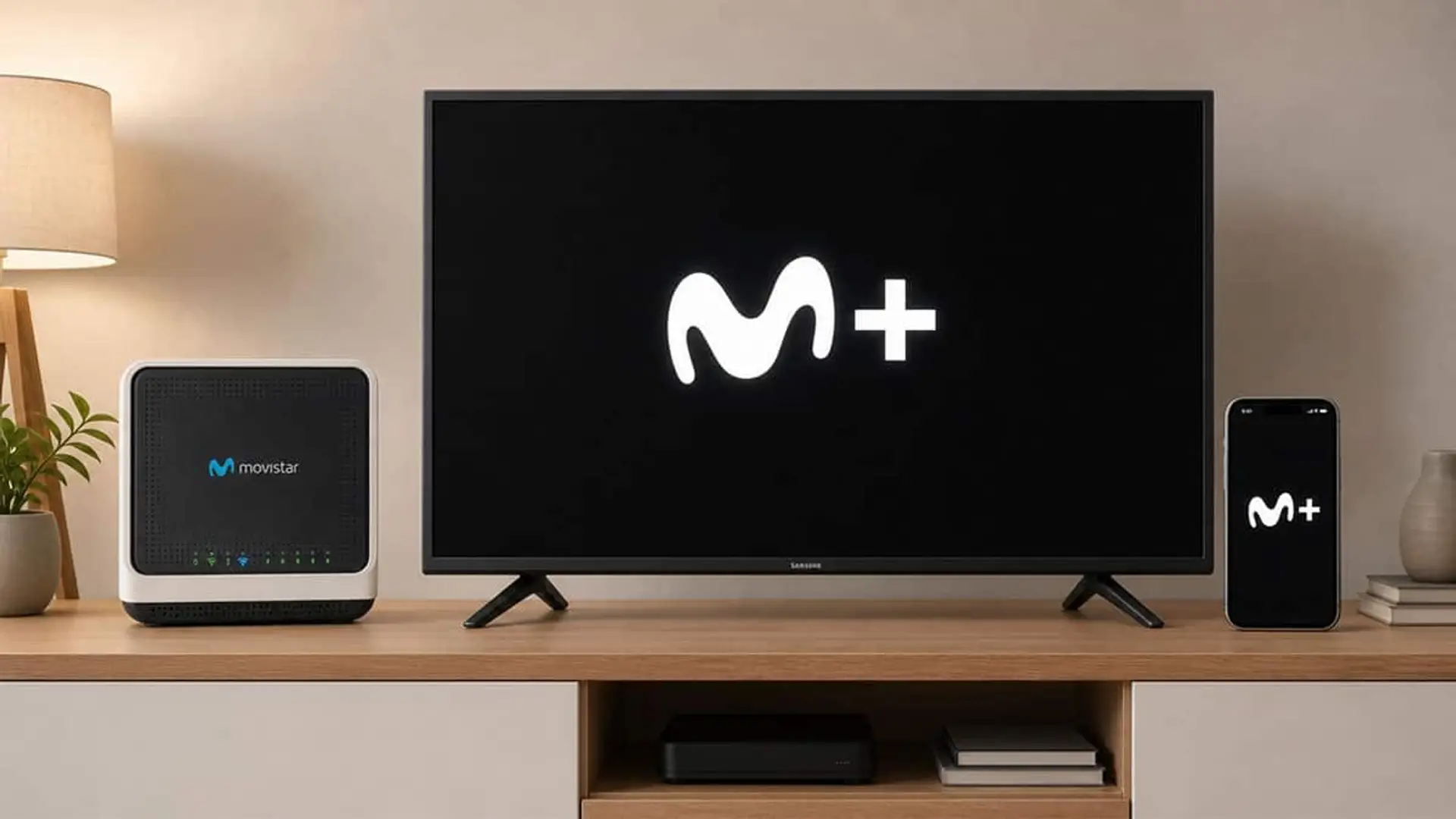Cuánto sube tu factura de Movistar Fusión en julio según el plan de Netflix que tengas contratado Televisor, router y móvil sobre un mueble mostrando el logotipo de Movistar Plus+