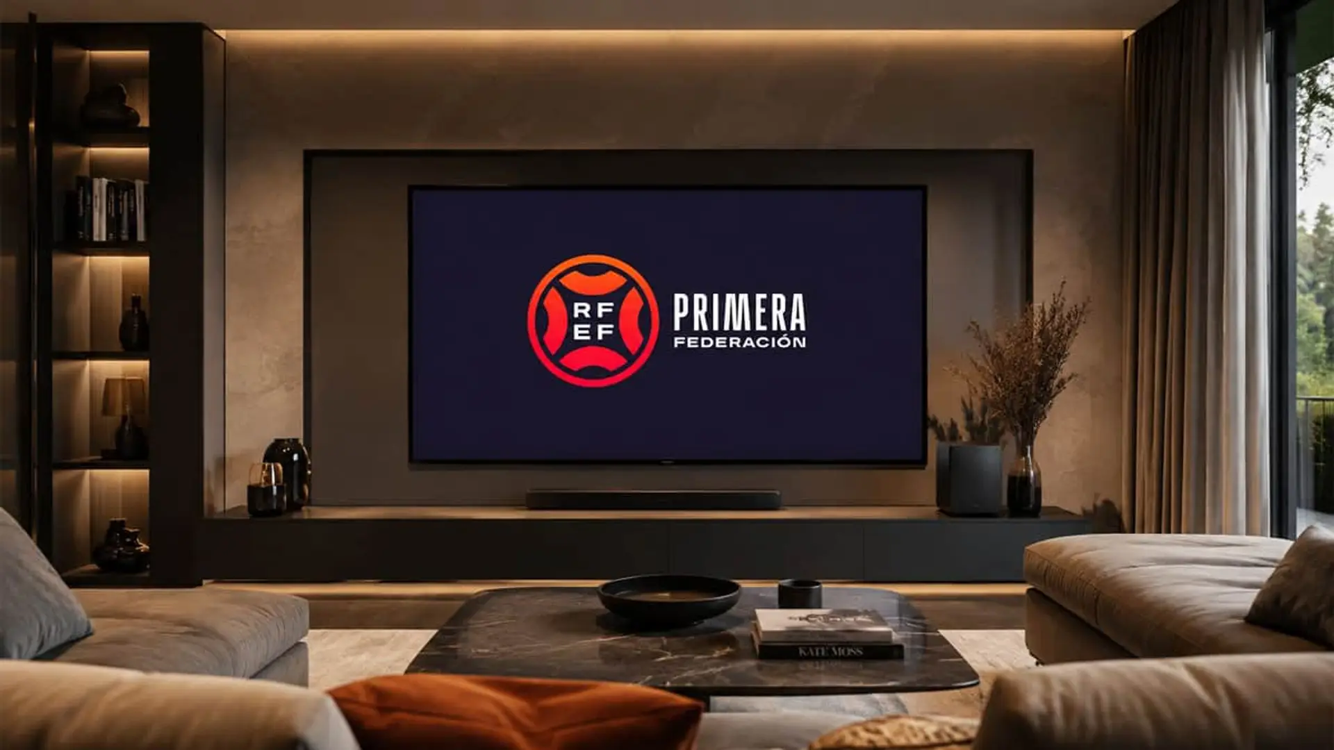 Televisor en un salón moderno mostrando el logotipo de Primera Federación de la RFEF.