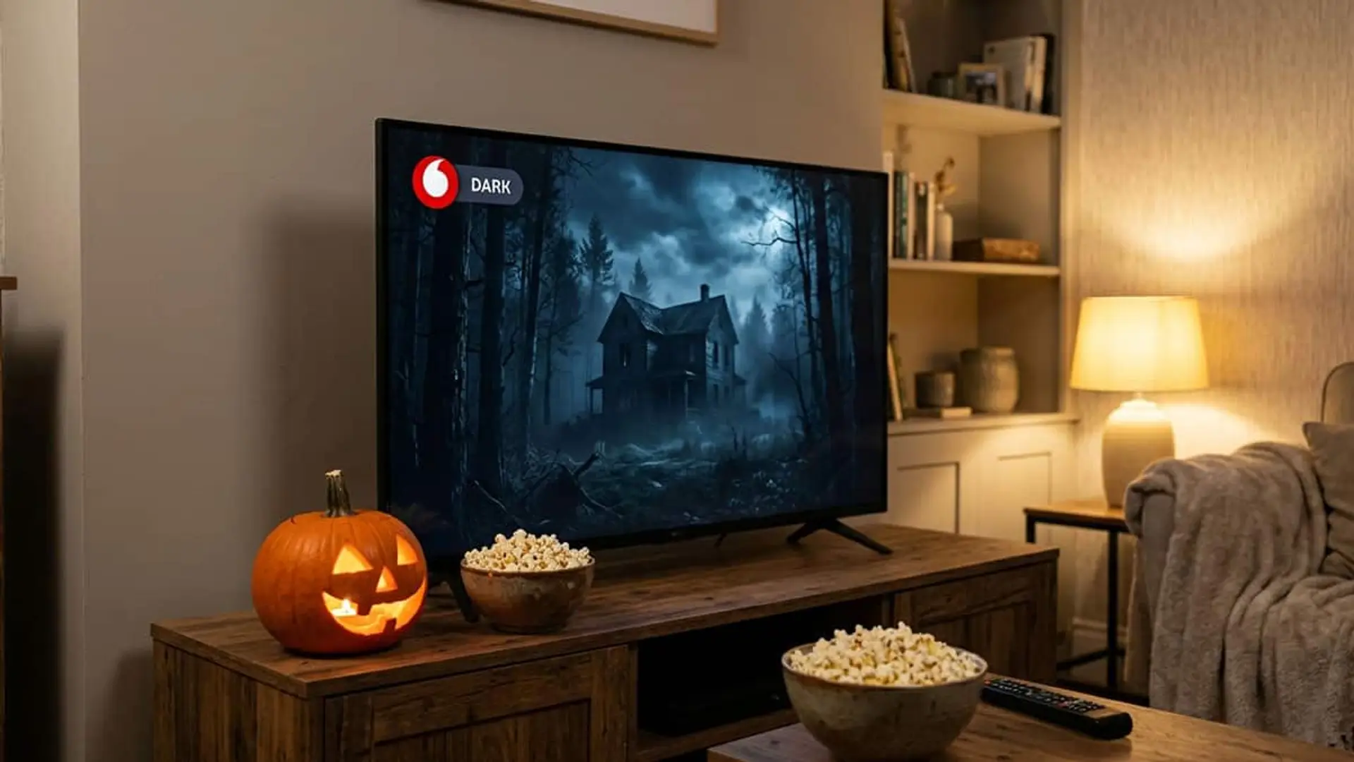 Planet Horror by DARK llega a Vodafone TV con 12 subgéneros y más de 500 horas de programación Televisor con el logotipo de Vodafone y una casa tenebrosa en un bosque oscuro, junto a una calabaza de Halloween iluminada y varios cuencos de palomitas en un salón.