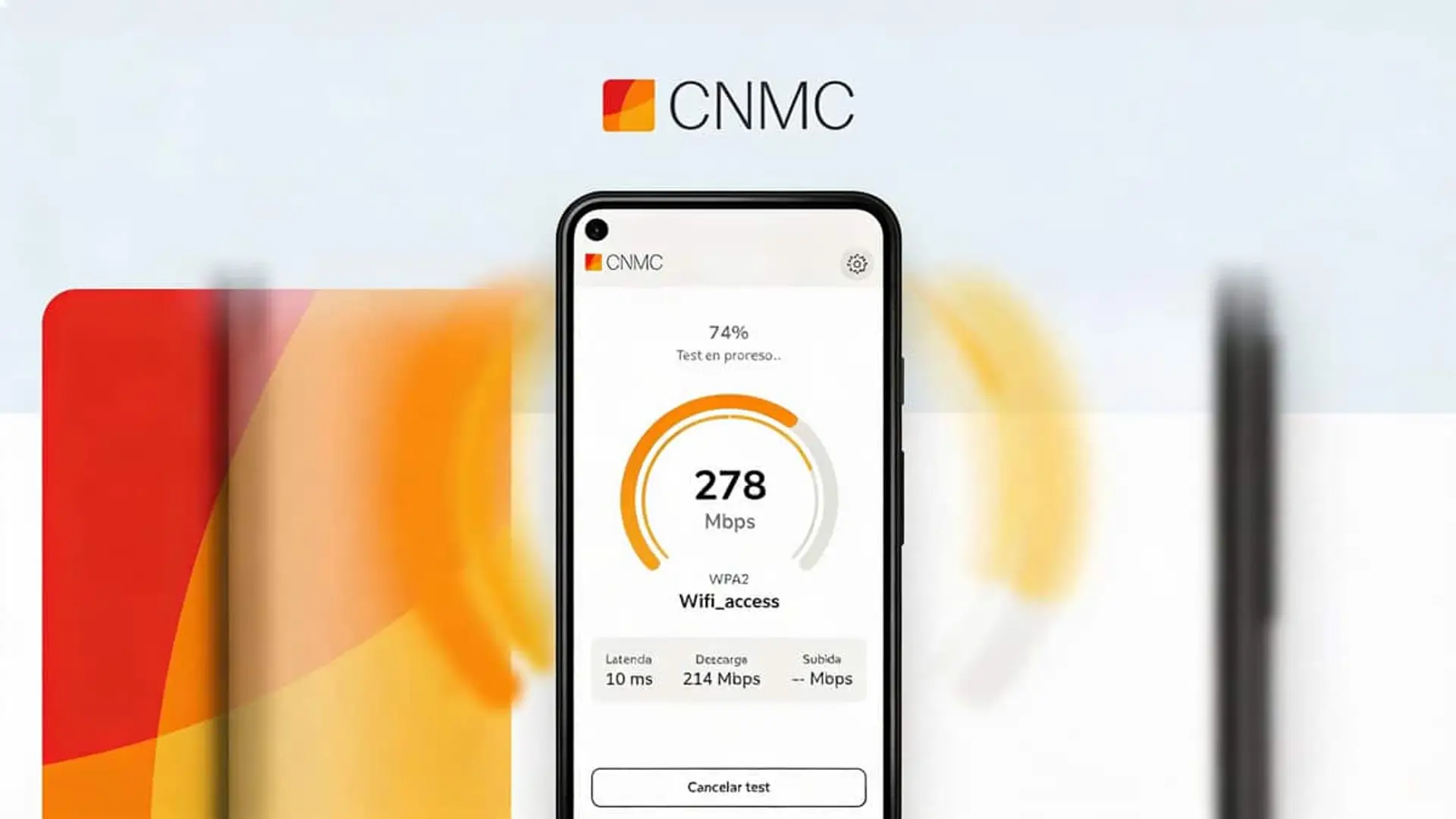 Smartphone mostrando un test de velocidad de internet en la aplicación oficial de la CNMC.