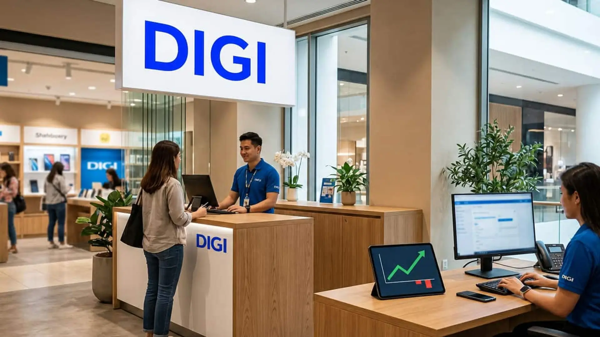 Tienda de DIGI con una empleada y un empleado atendiendo a una clienta en el mostrador