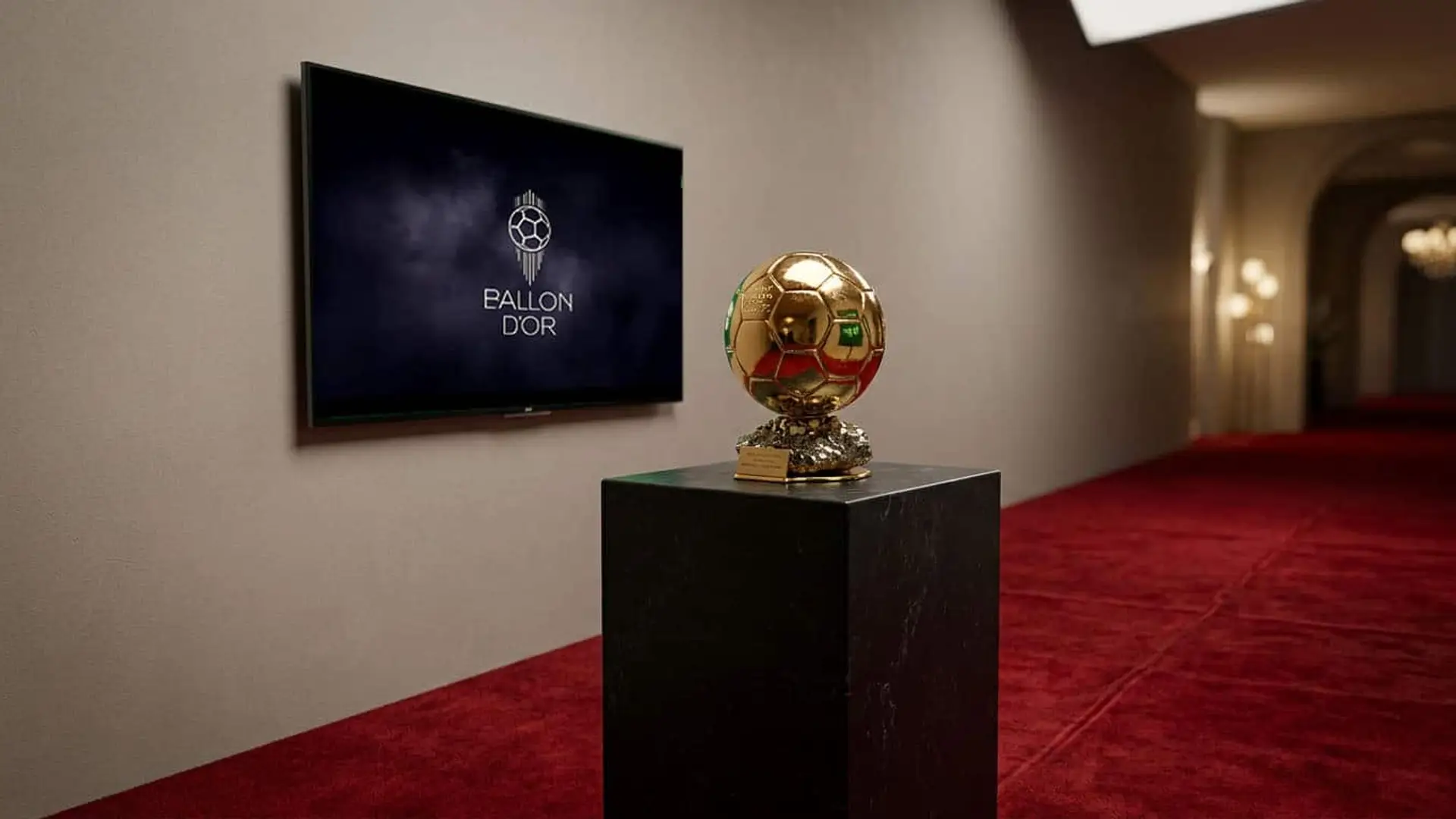 Trofeo del Balón de Oro sobre un pedestal negro, junto a una pantalla con el logotipo del premio en un pasillo de alfombra roja.