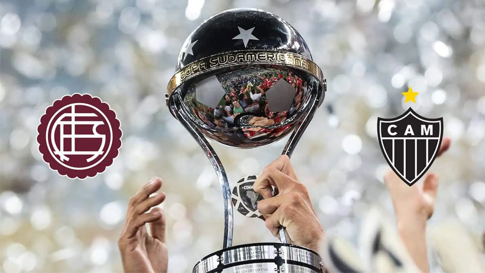 Dónde ver la final de la Copa Sudamericana 2025 por TV: horario del Lanús vs Atlético Mineiro Trofeo de la Copa Sudamericana levantado por jugadores, con los logos de Lanús y Atlético Mineiro a los lados.