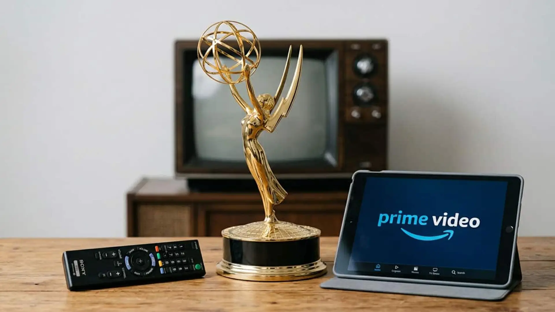 Los Emmy se mudan a Prime Video, que emitirá la gala sin suscripción en más de 240 países desde 2027 Trofeo Emmy junto a una tablet con Prime Video, un mando a distancia y un televisor antiguo al fondo