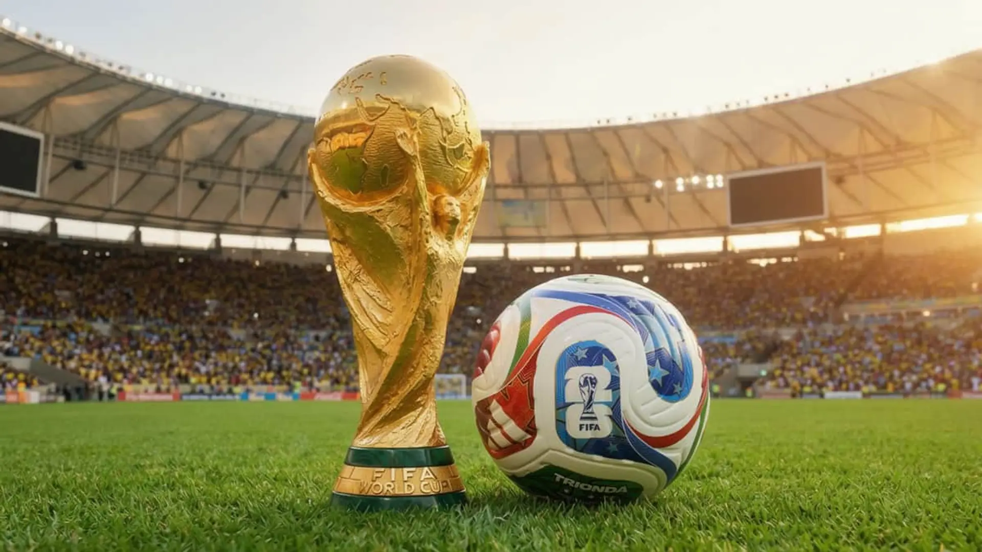 Movistar y Orange emitirán todo el Mundial 2026 a través de DAZN sin salir de tu decodificador Trofeo de la Copa del Mundo de la FIFA y balón oficial sobre el césped de un estadio de fútbol lleno de gente.