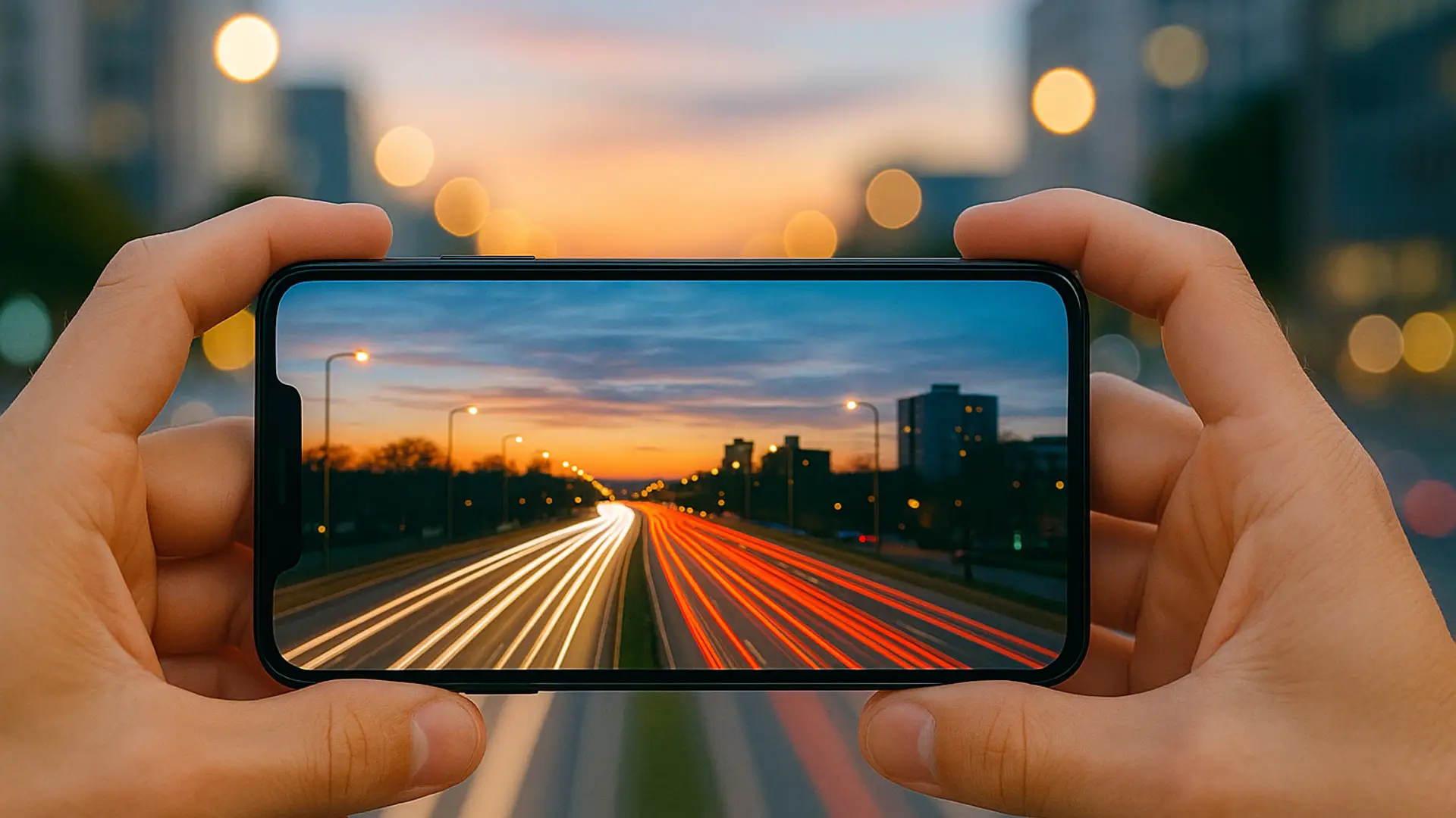 Mano sujetando un móvil que hace una foto de larga exposición con estelas de luz de coches en una autopista al atardecer.
