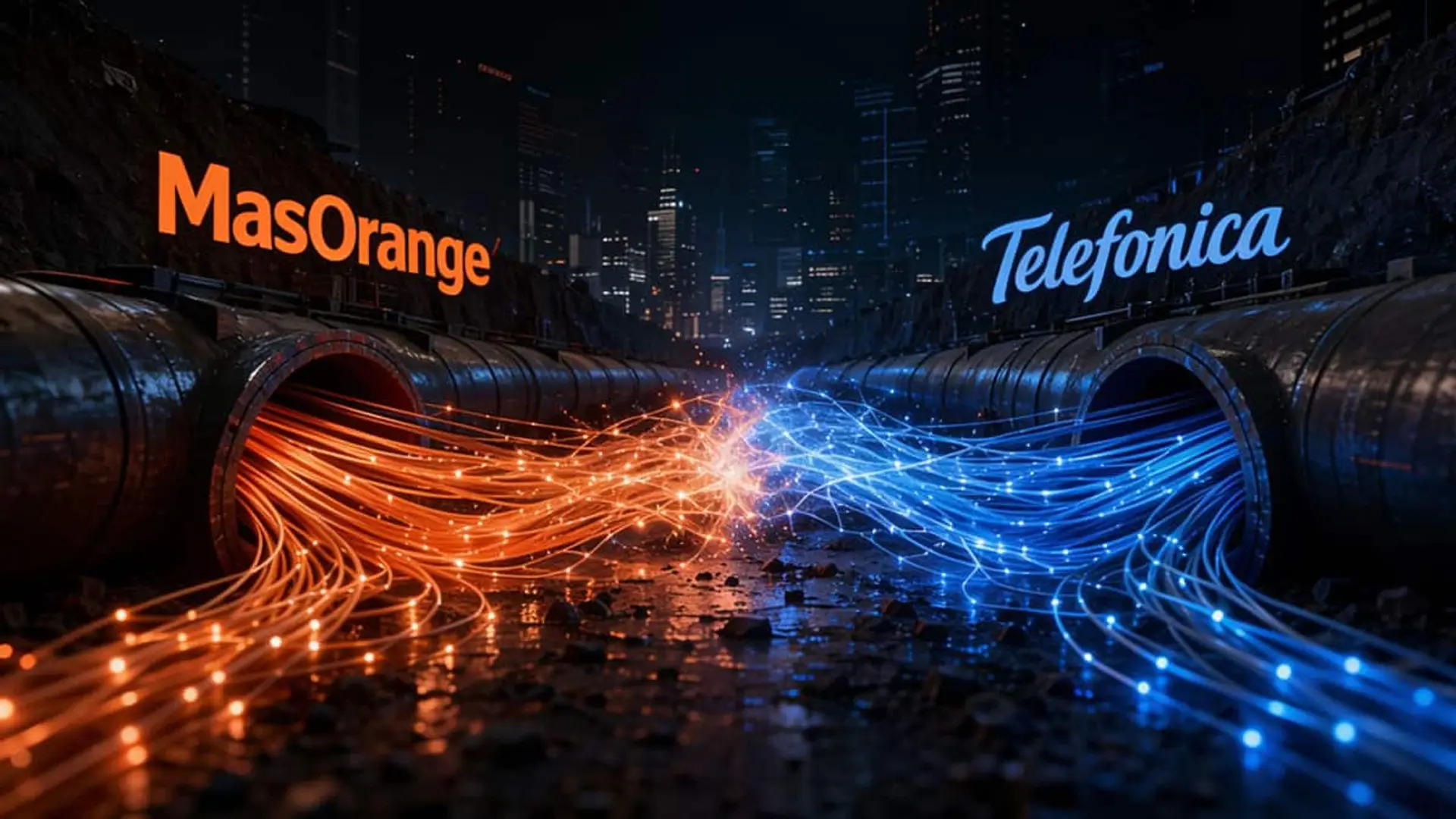 Tuberías subterráneas con haces de fibra óptica de color naranja y azul cruzándose bajo los logotipos de MasOrange y Telefónica
