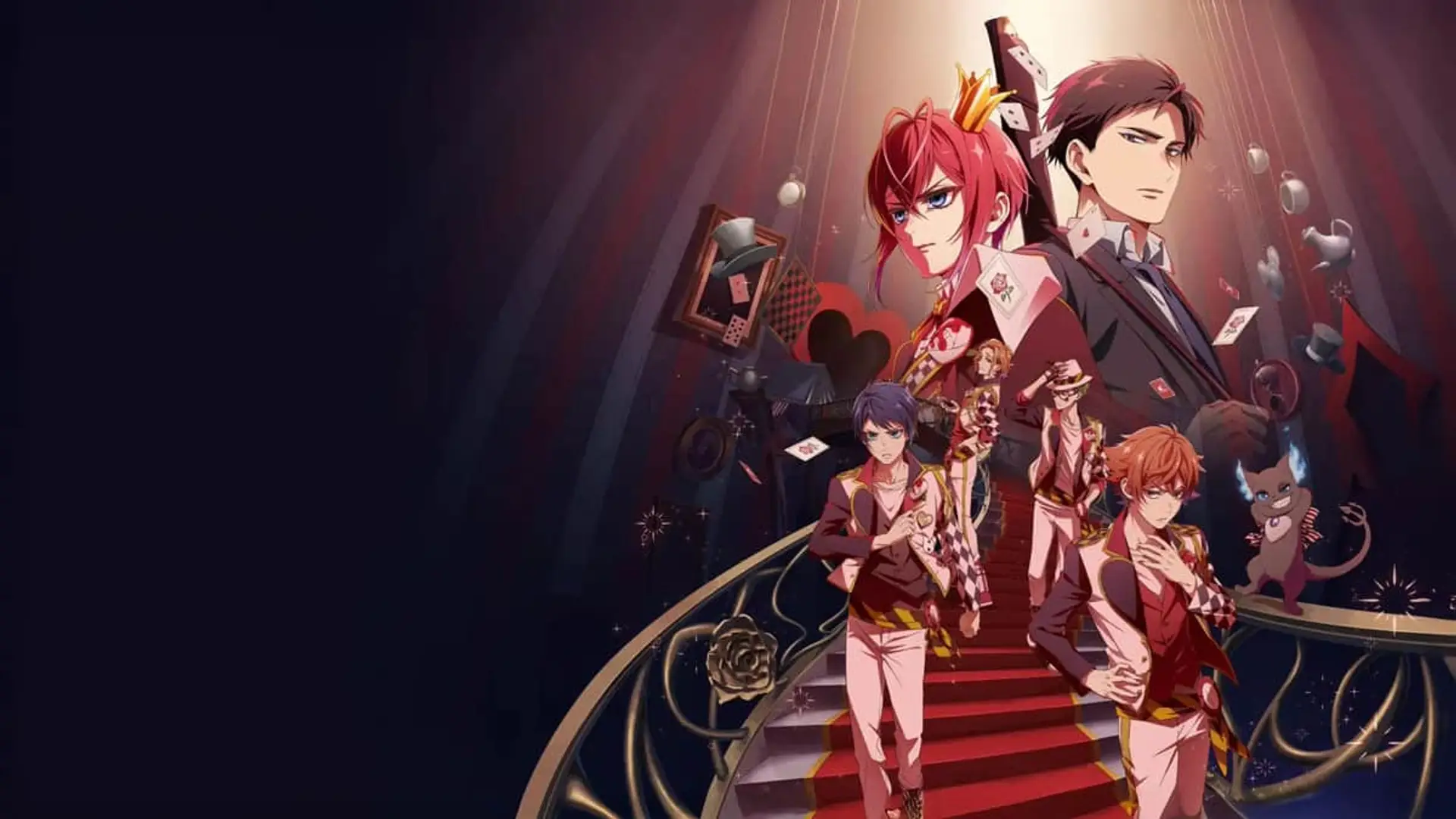 ¿Dónde ver el anime Twisted Wonderland? Fecha de estreno y plataforma online Póster del anime Twisted Wonderland con varios personajes sobre una escalera decorada con cartas y corazones.