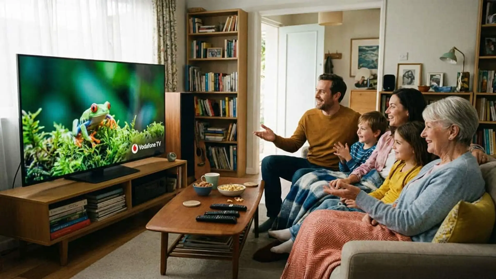 Familia sentada en el salón viendo Vodafone TV en un televisor grande mientras comparten un momento juntos.